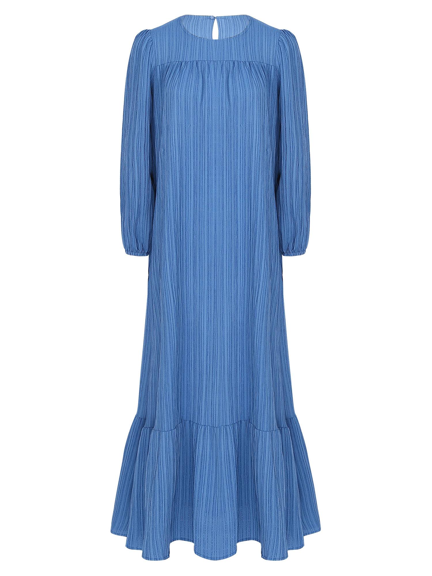 Women Loose Round Neck Long Sleeve Ruffled Hem Maxi Dress for Vacation