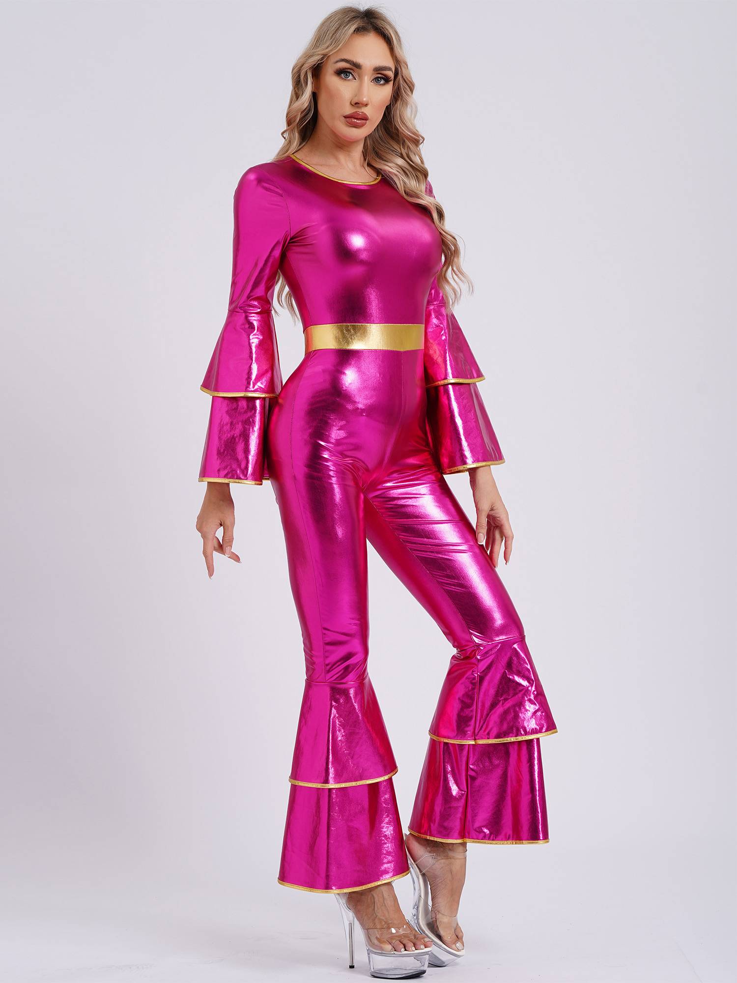 Women Long Sleeve Bell Bottom Vintage 70S Disco Metallic Shiny Jumpsuit