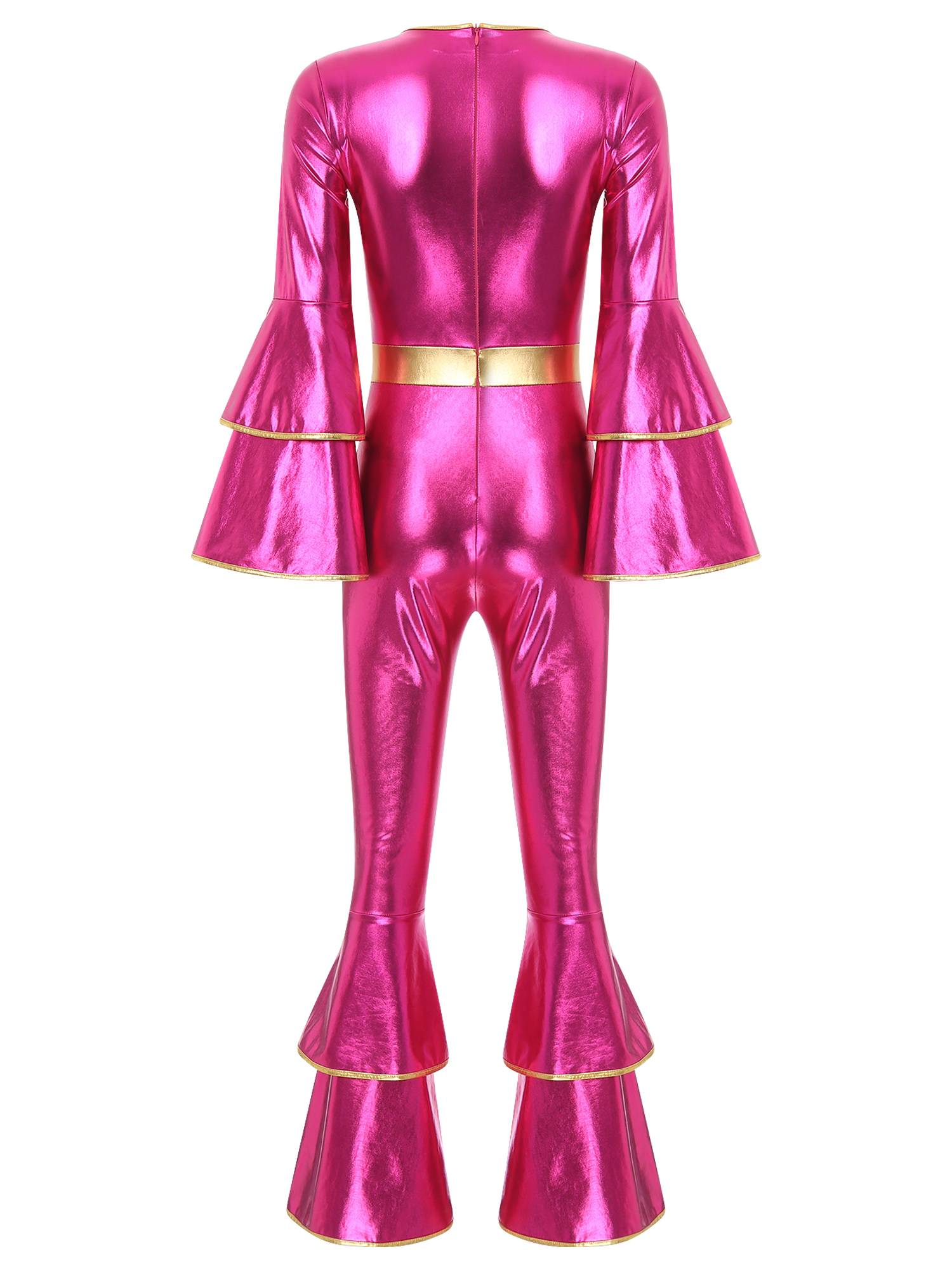 Women Long Sleeve Bell Bottom Vintage 70S Disco Metallic Shiny Jumpsuit