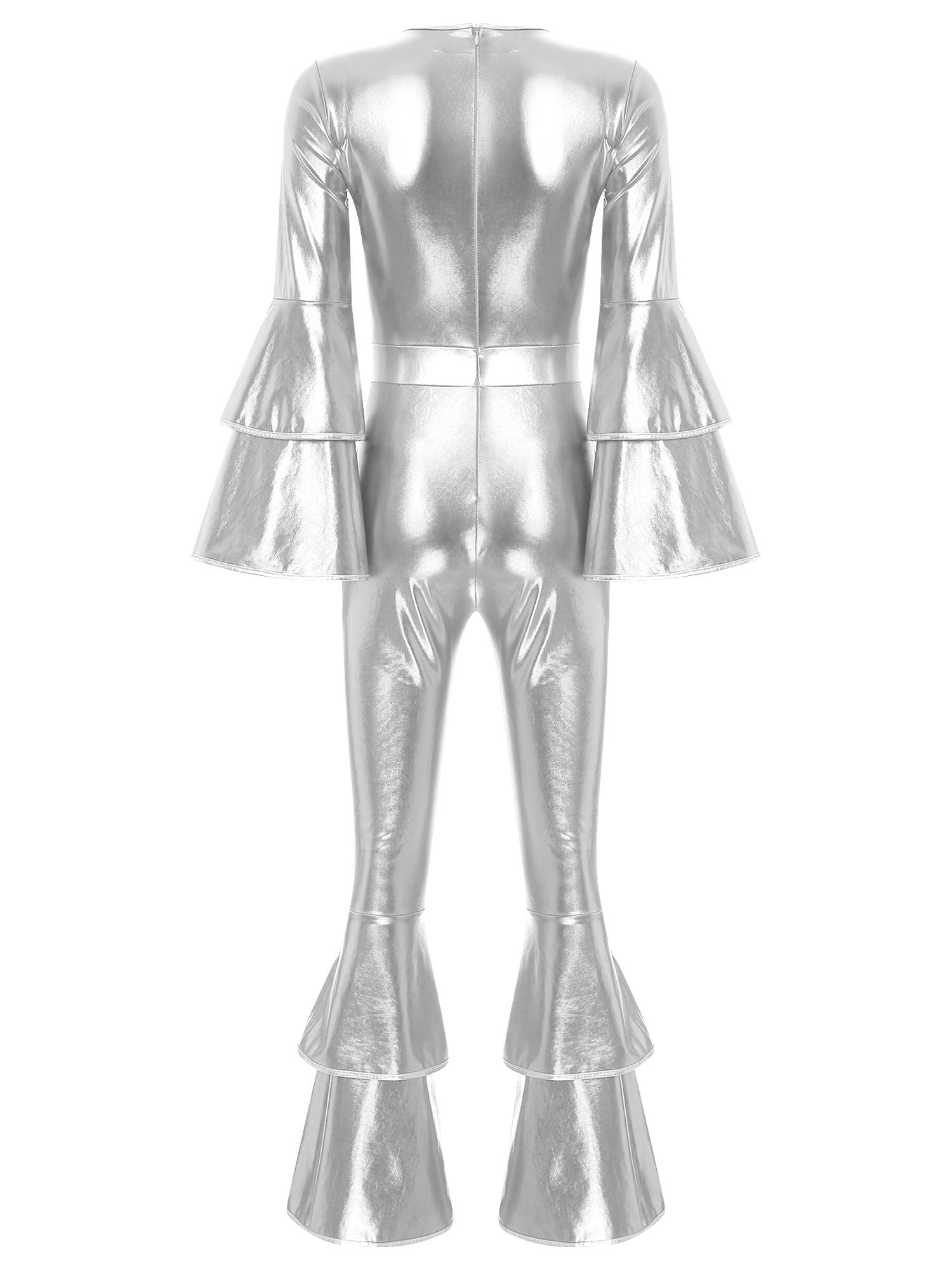 Women Long Sleeve Bell Bottom Vintage 70S Disco Metallic Shiny Jumpsuit