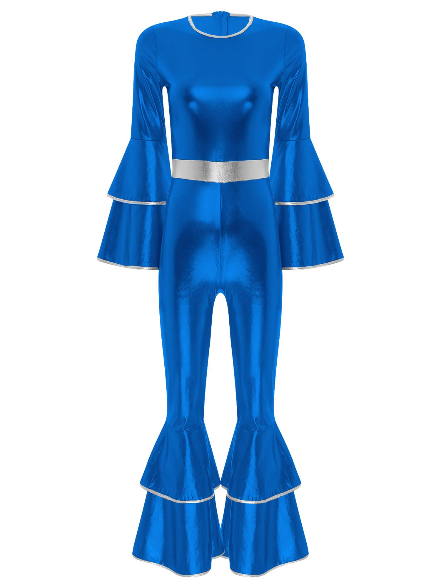 Women Long Sleeve Bell Bottom Vintage 70S Disco Metallic Shiny Jumpsuit