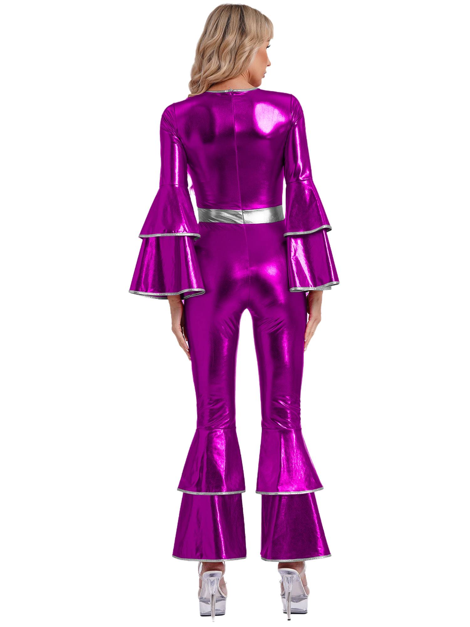 Women Long Sleeve Bell Bottom Vintage 70S Disco Metallic Shiny Jumpsuit