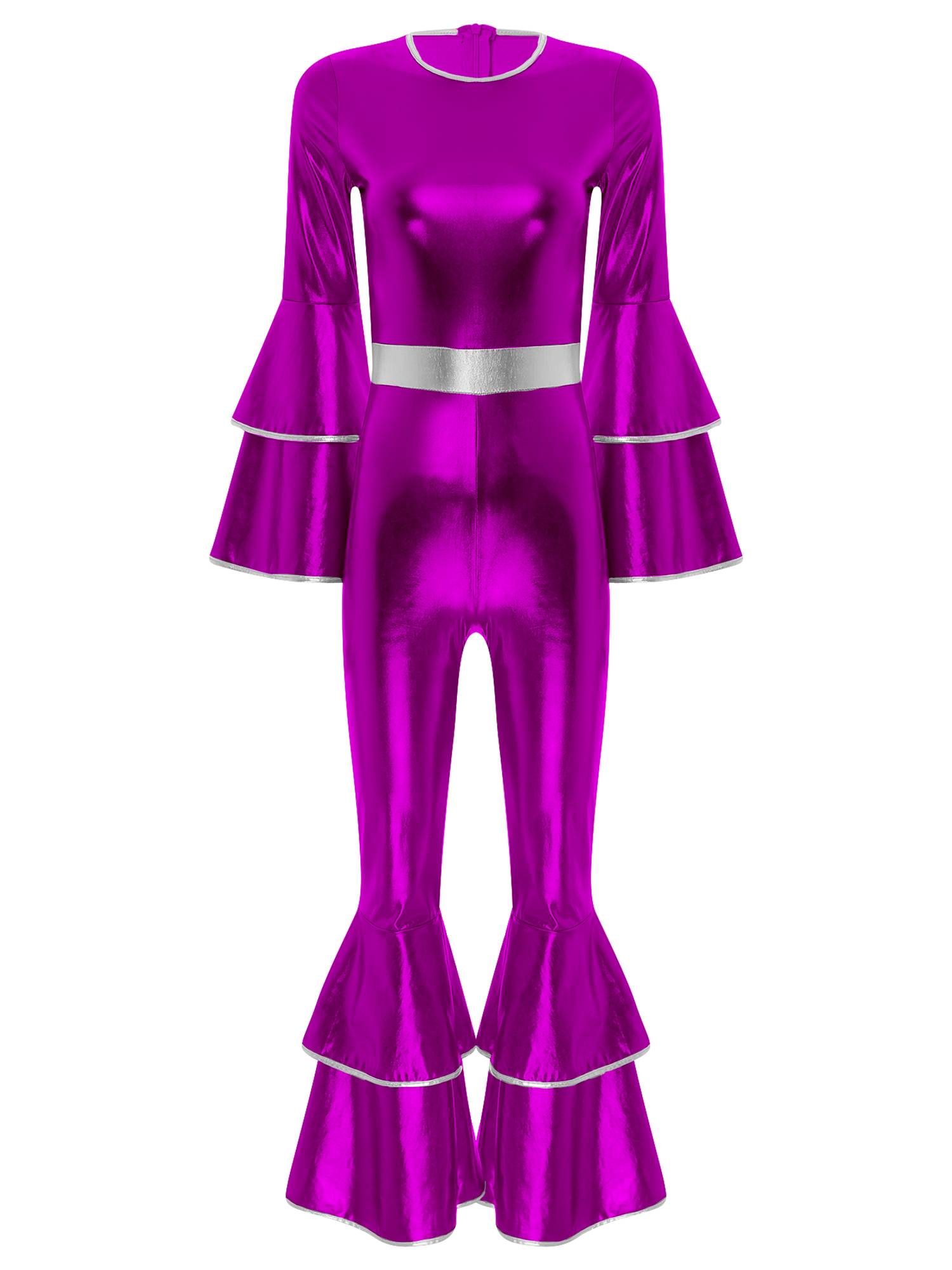 Women Long Sleeve Bell Bottom Vintage 70S Disco Metallic Shiny Jumpsuit