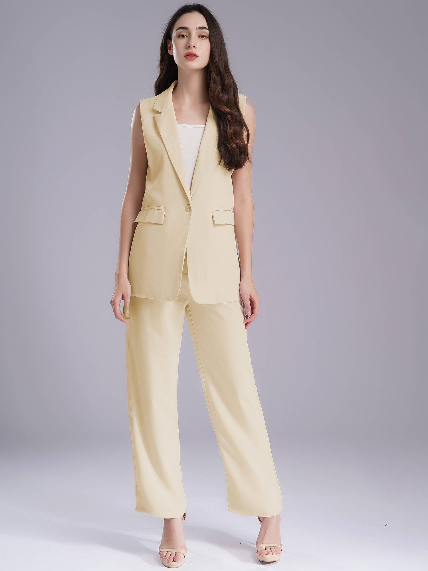 Womens 2-piece Office Suit V Neck One-button Vest and High Waist Pants
