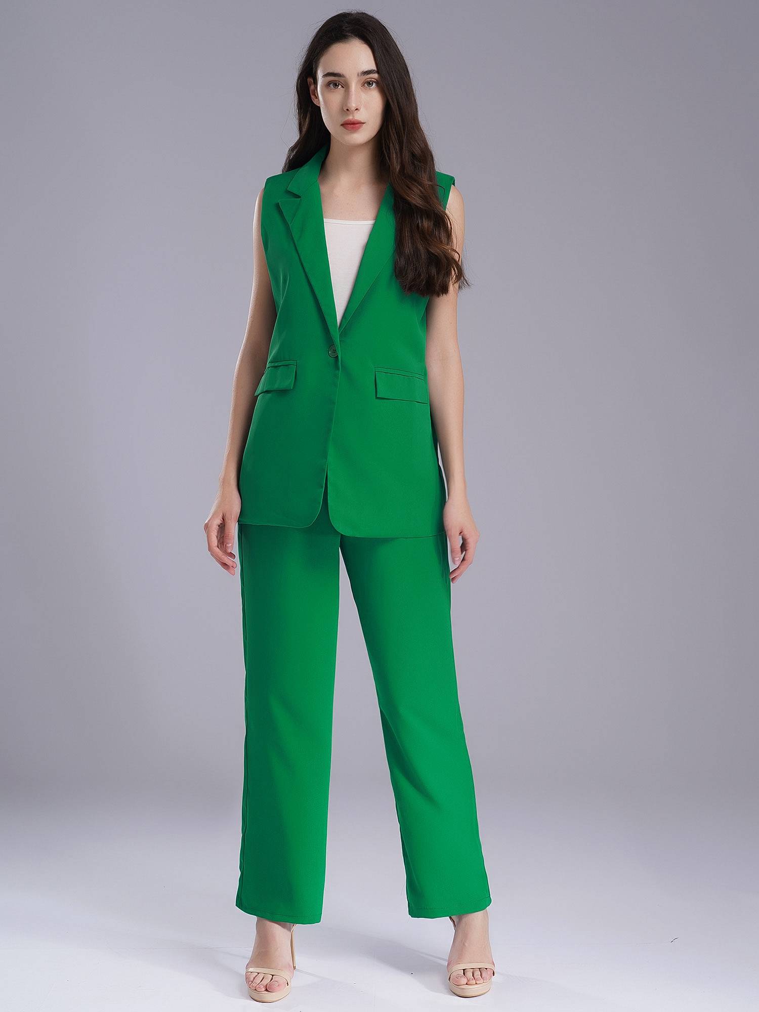 Womens 2-piece Office Suit V Neck One-button Vest and High Waist Pants