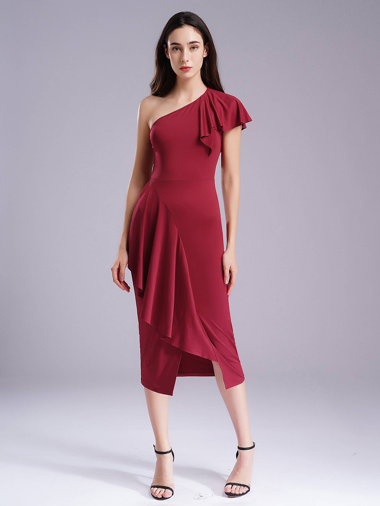 Women One Shoulder Cascading Ruffles Bodycon Pencil Dress for Cocktail