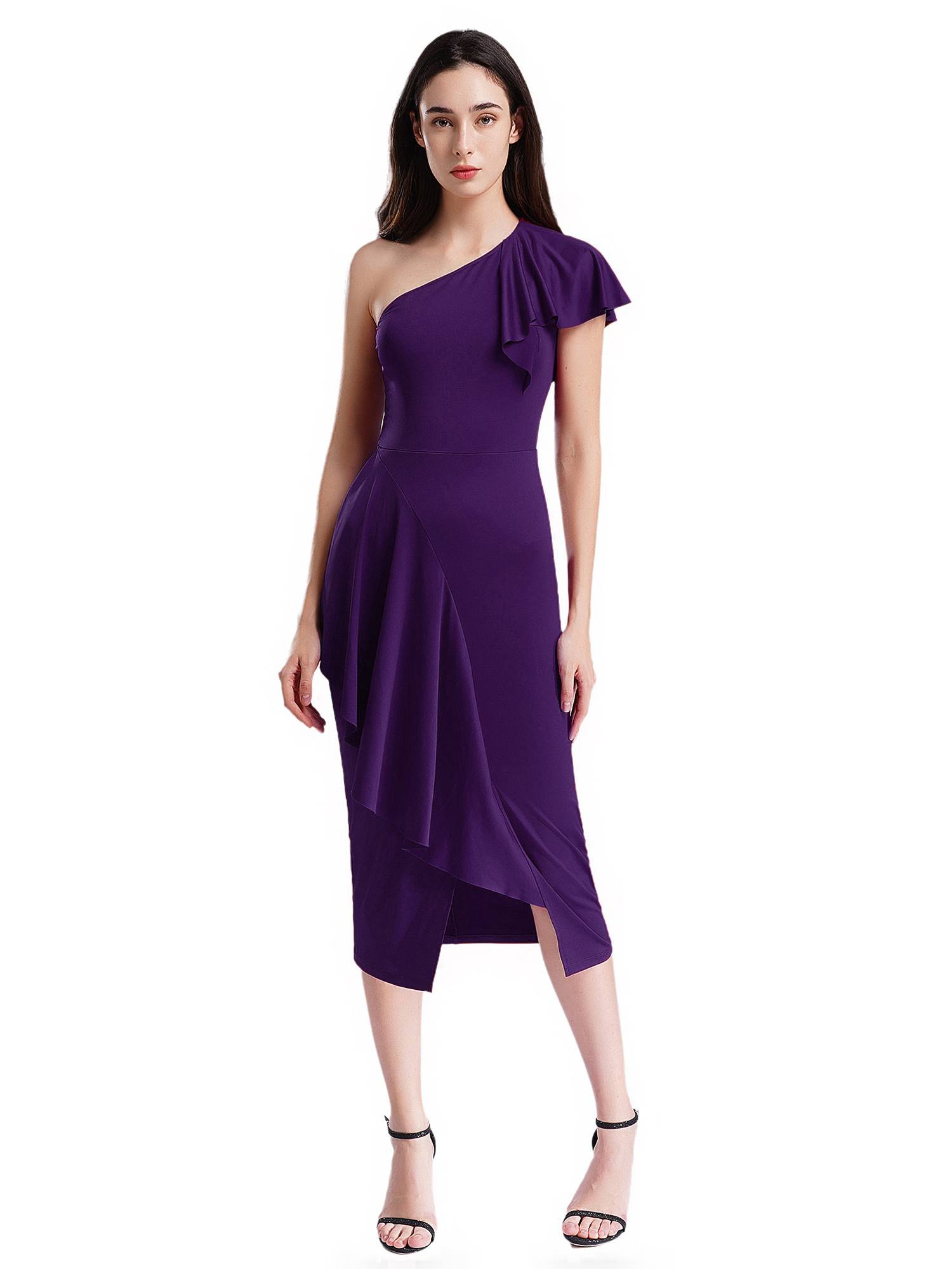 Women One Shoulder Cascading Ruffles Bodycon Pencil Dress for Cocktail