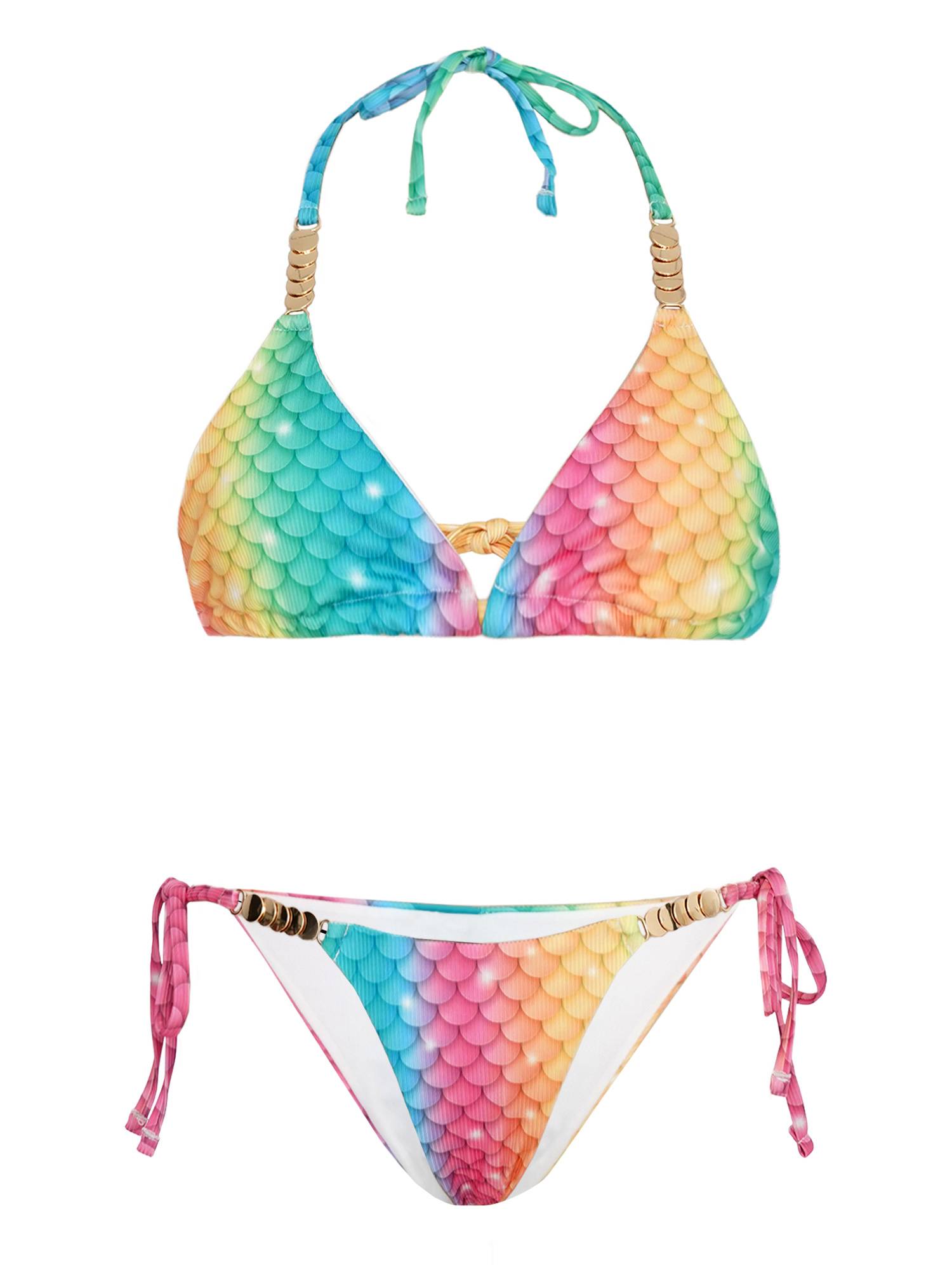 Women 2pcs Fish Scales Print Mermaid Swimsuit Bikini Top and Briefs Set