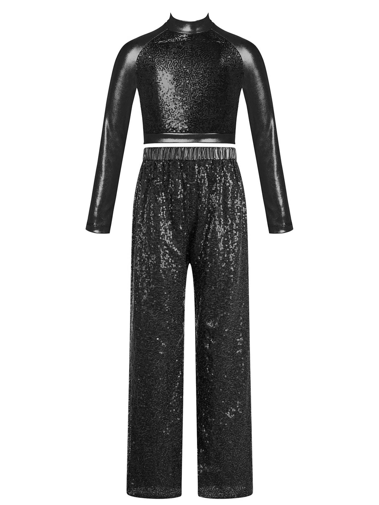 Kids Girls 2pcs Sequins Long Sleeve Crop Top and Pants Jazz Dance Set