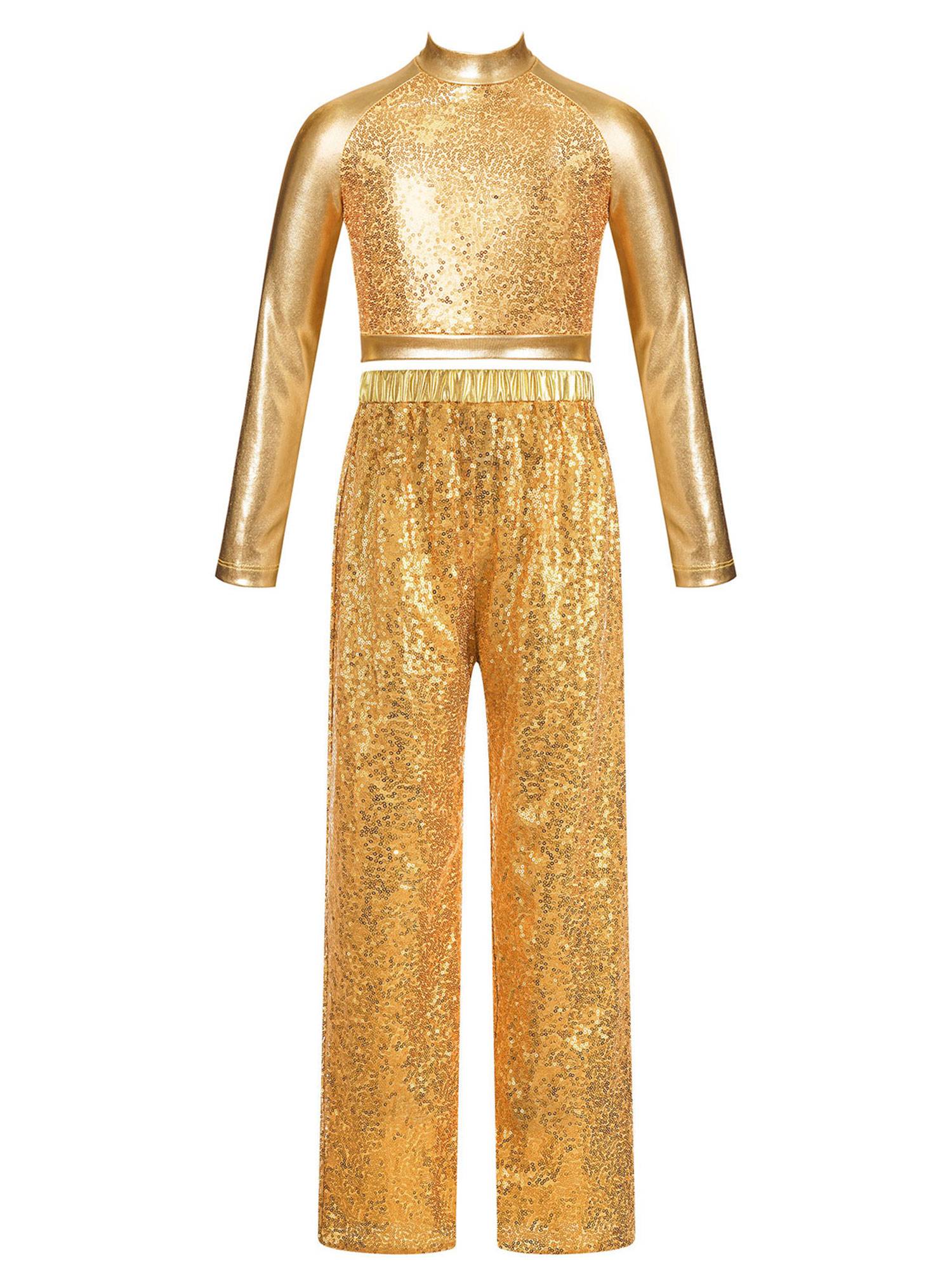 Kids Girls 2pcs Sequins Long Sleeve Crop Top and Pants Jazz Dance Set