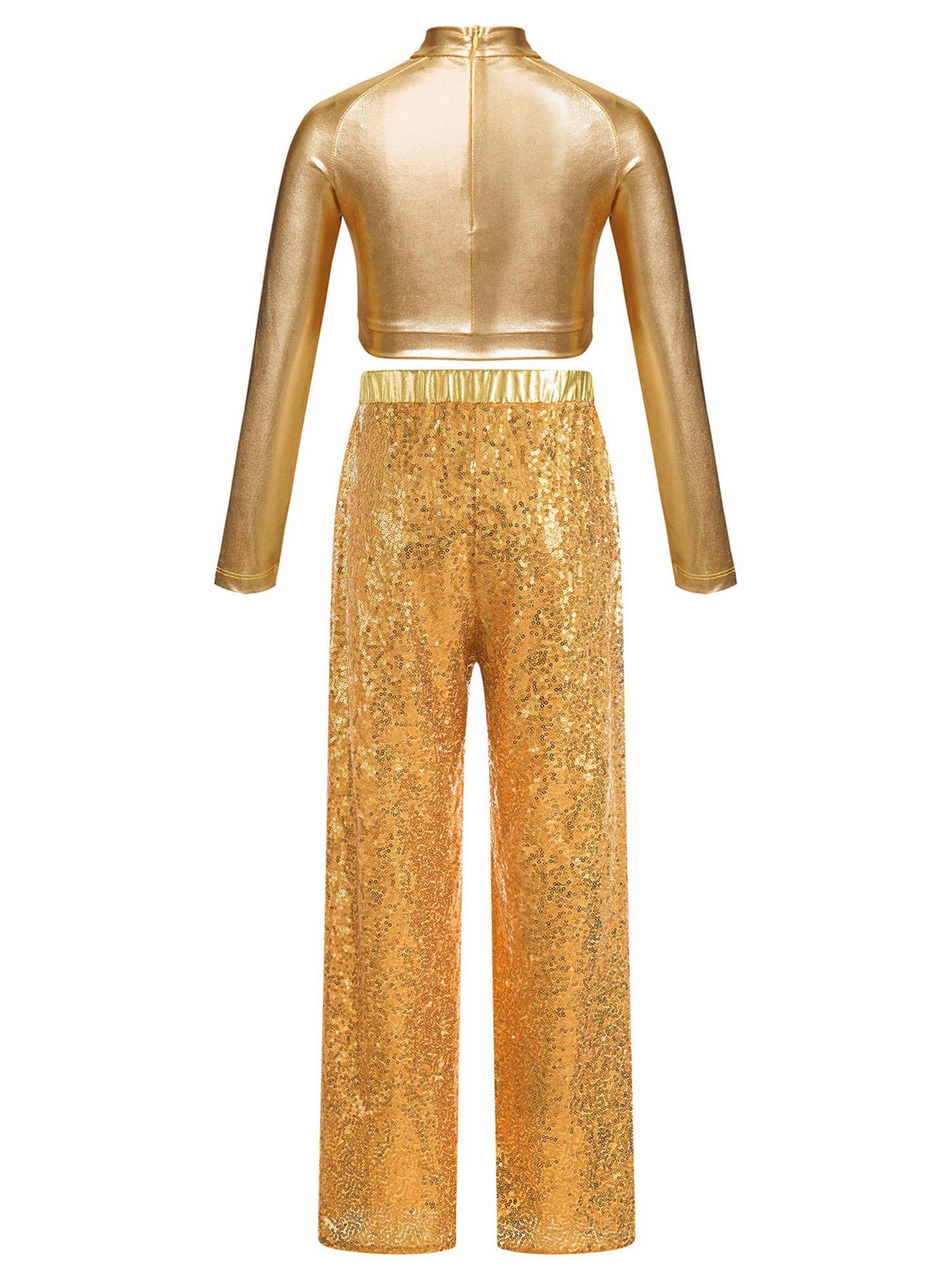Kids Girls 2pcs Sequins Long Sleeve Crop Top and Pants Jazz Dance Set