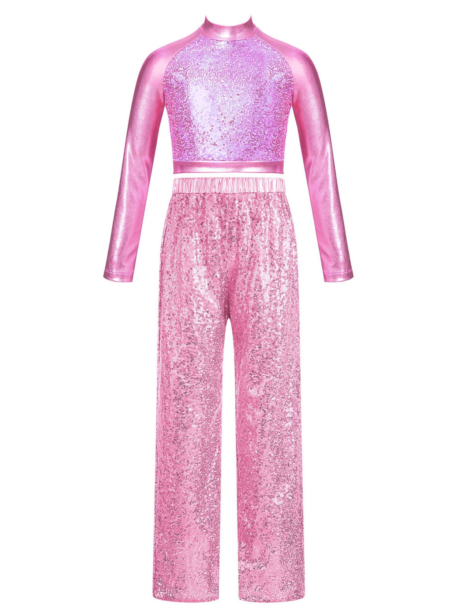 Kids Girls 2pcs Sequins Long Sleeve Crop Top and Pants Jazz Dance Set