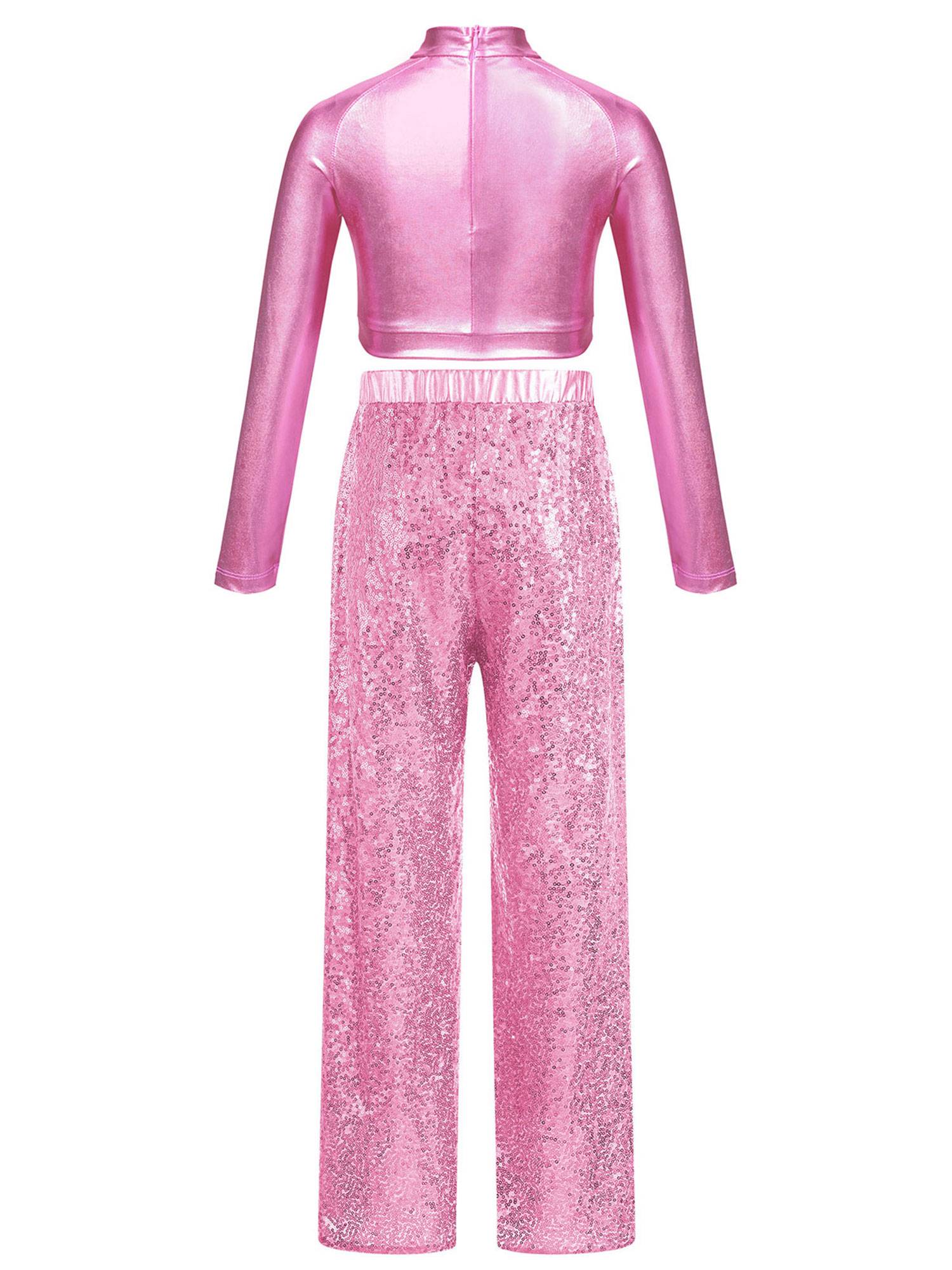 Kids Girls 2pcs Sequins Long Sleeve Crop Top and Pants Jazz Dance Set