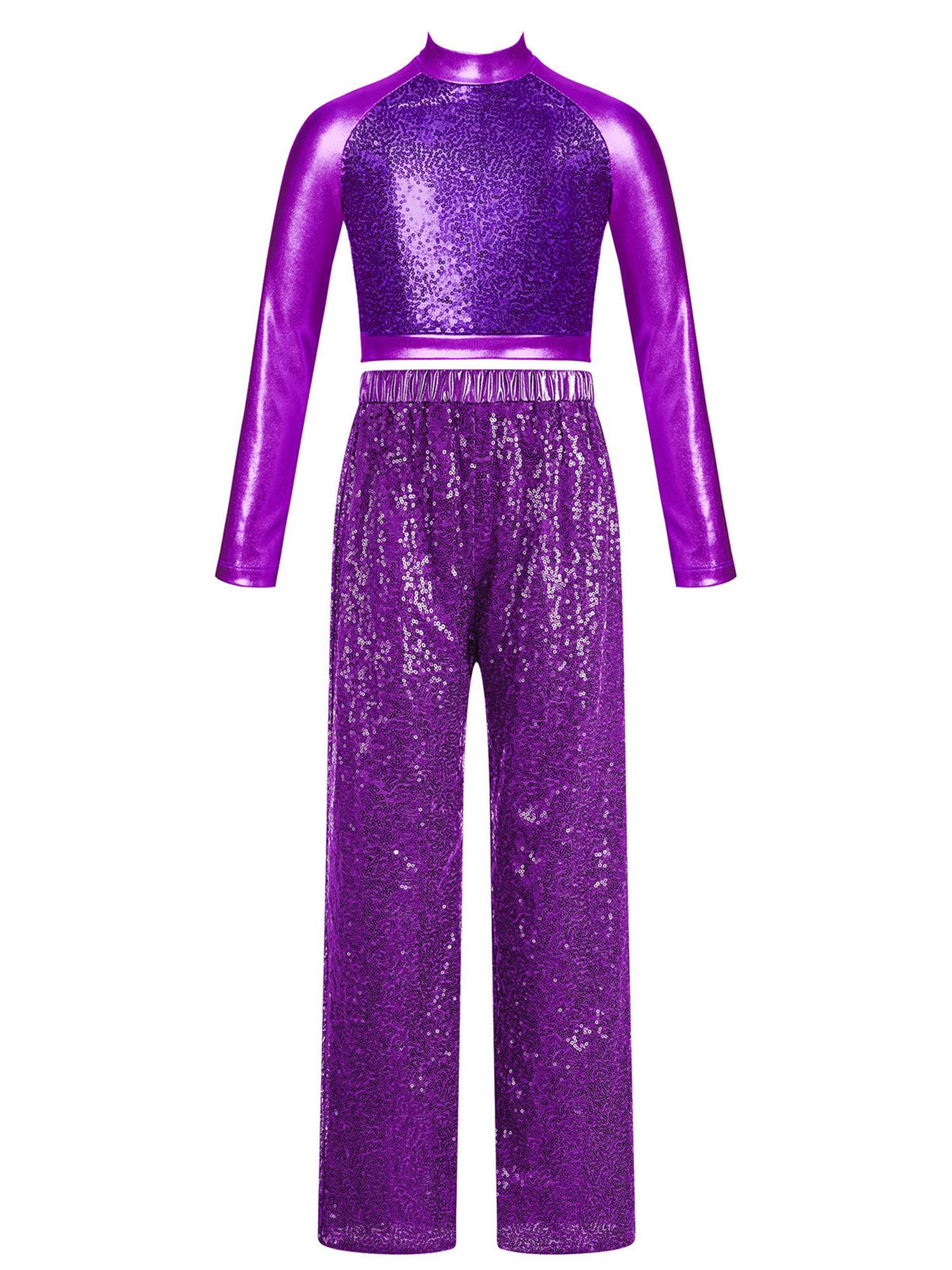 Kids Girls 2pcs Sequins Long Sleeve Crop Top and Pants Jazz Dance Set