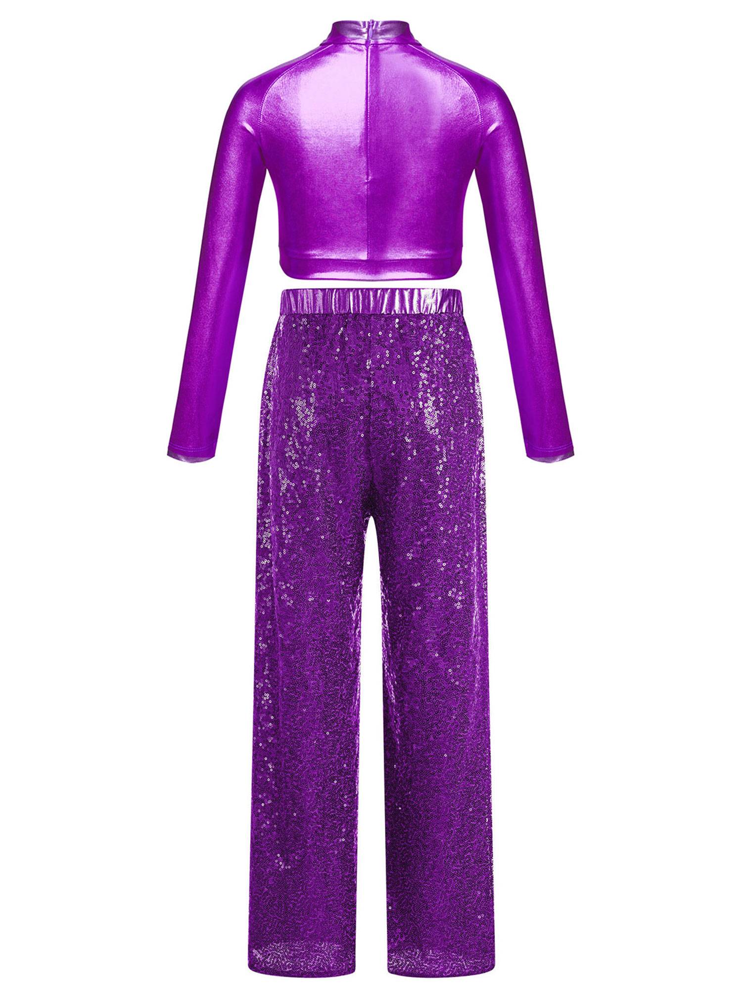 Kids Girls 2pcs Sequins Long Sleeve Crop Top and Pants Jazz Dance Set