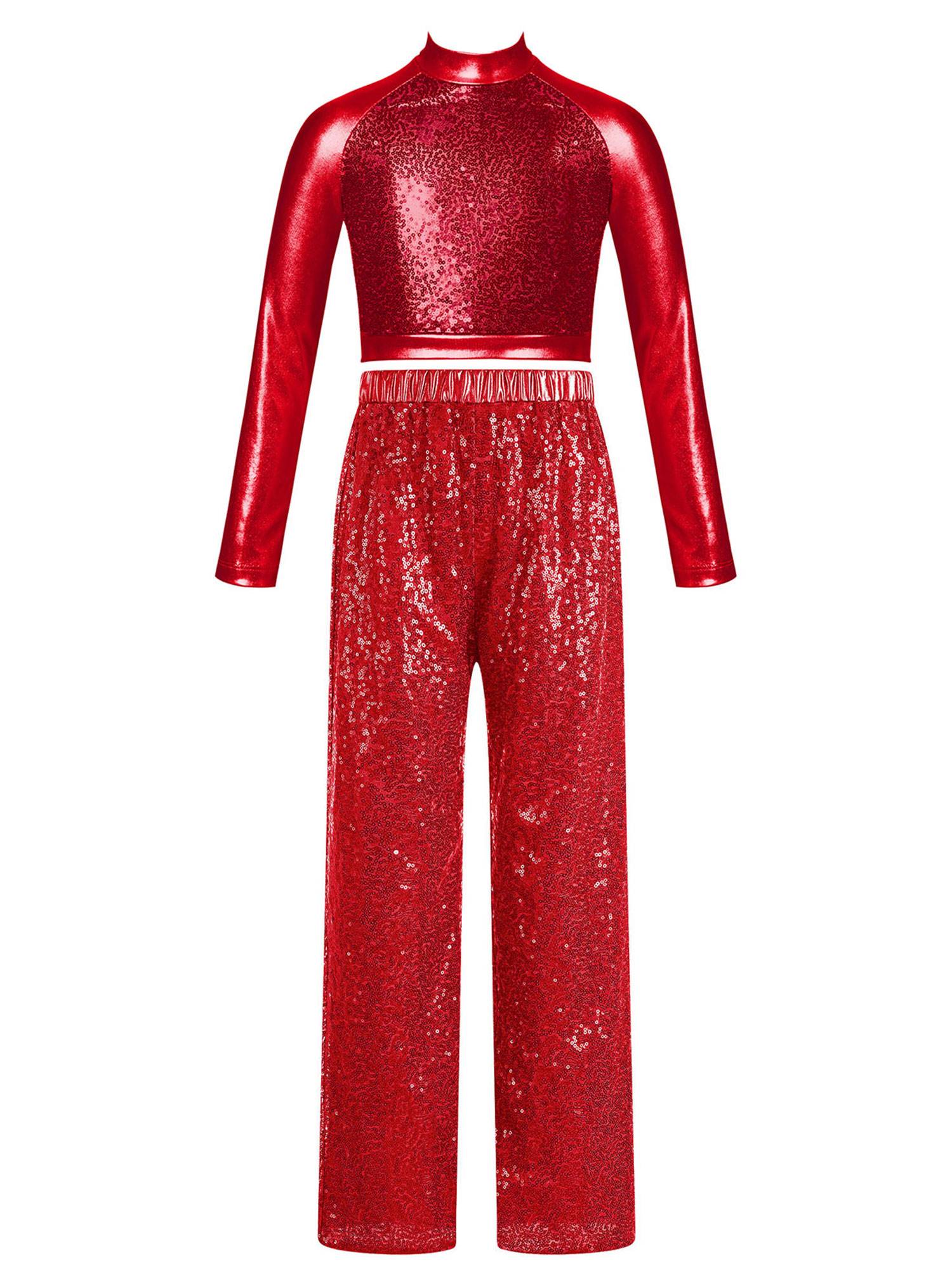 Kids Girls 2pcs Sequins Long Sleeve Crop Top and Pants Jazz Dance Set