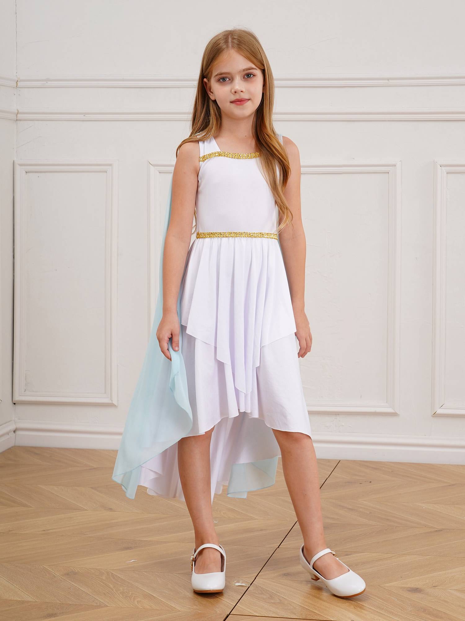 Kids Girls Sleeveless Shawl Flowy Hi-Lo Dress Halloween Greek Toga Costume