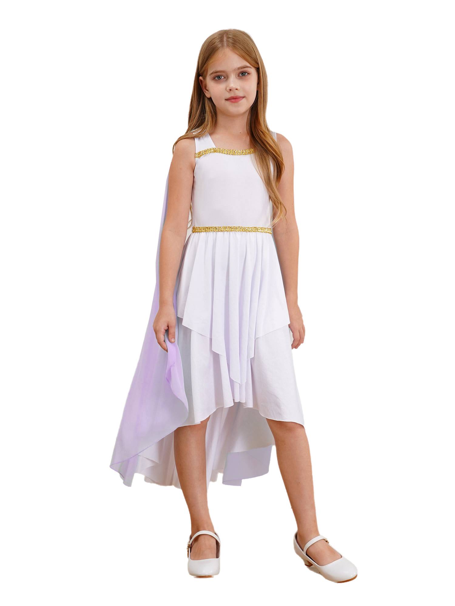 Kids Girls Sleeveless Shawl Flowy Hi-Lo Dress Halloween Greek Toga Costume