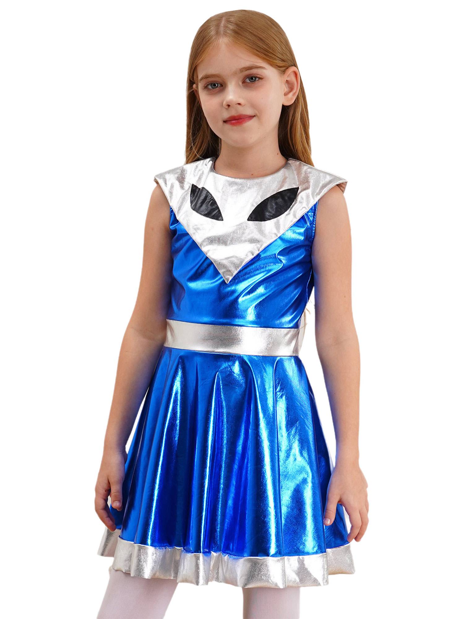 Kids Girl Sleeveless Metallic Y3K A-line Dress Halloween Alien Costume