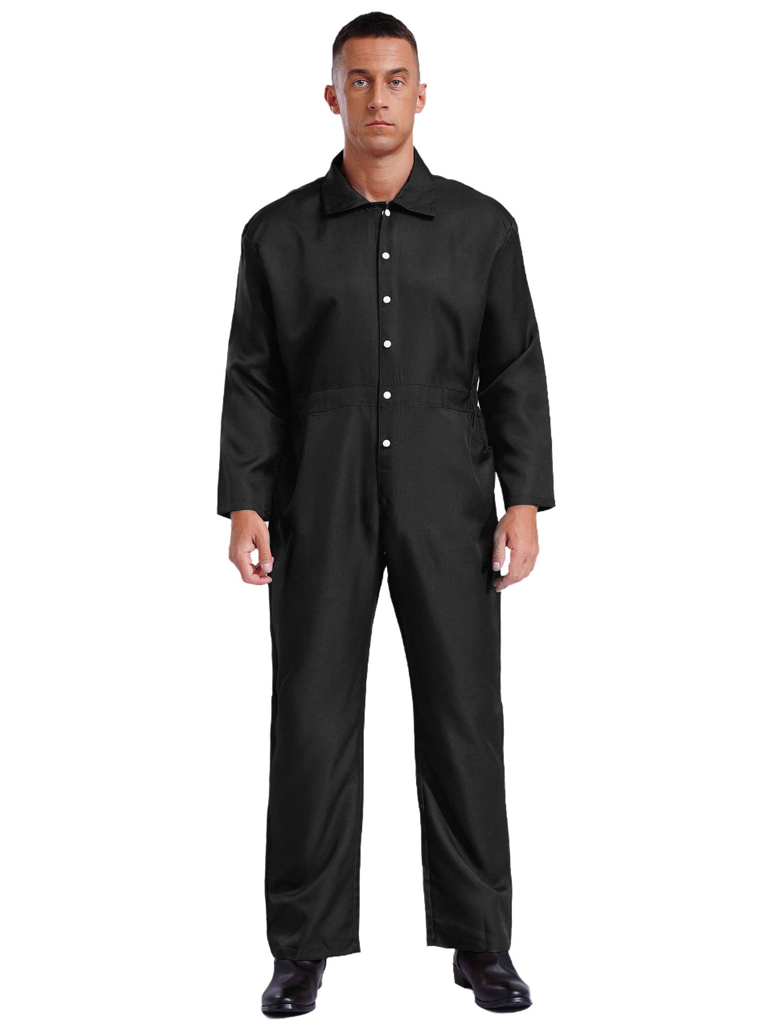 Men Turn-down Collar Long Sleeve Button-up Worker Coveralls Jumpsuit
