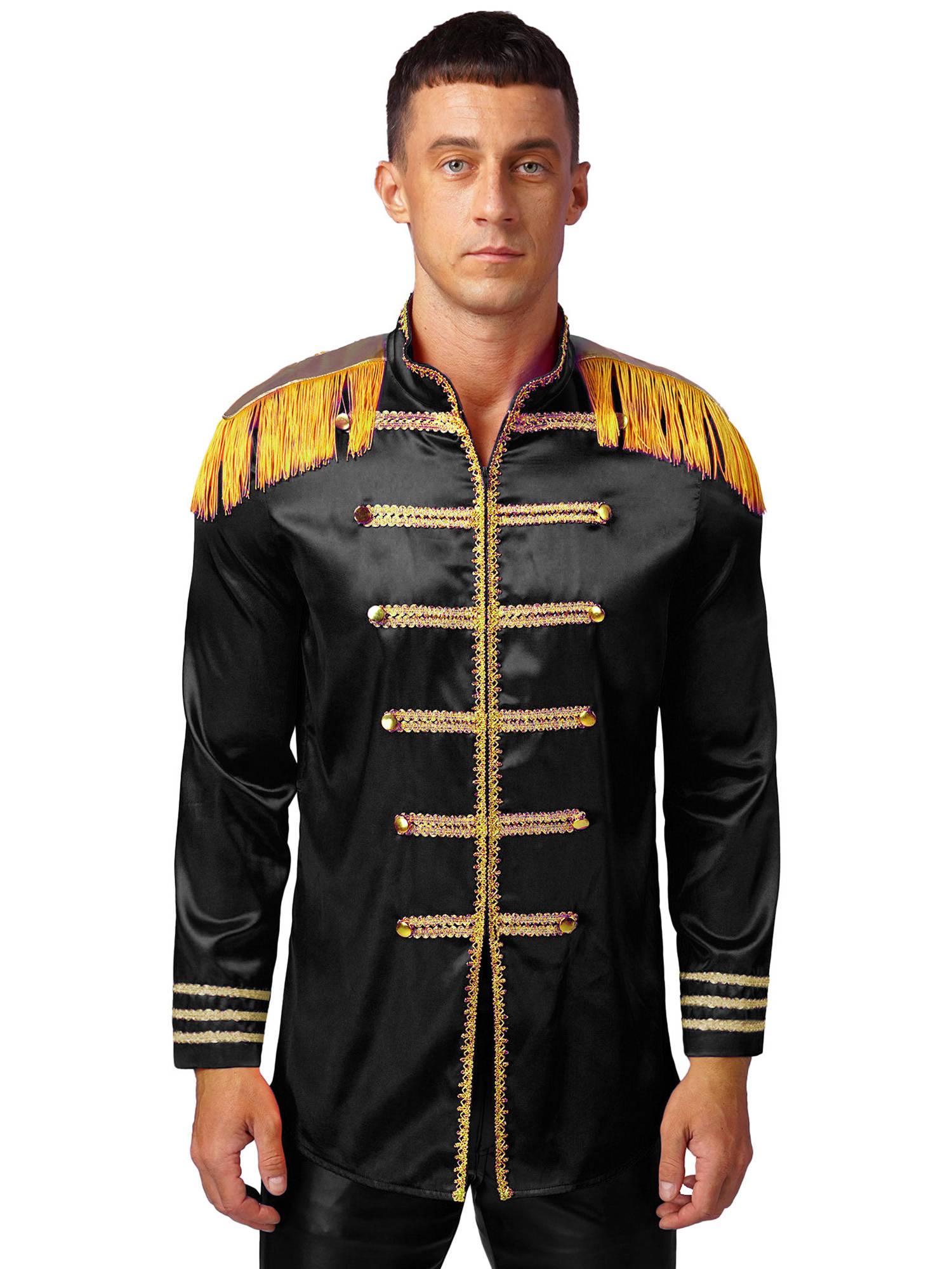 Men Halloween Long Sleeve Front Zip-up Satin Jackets Circus Costume