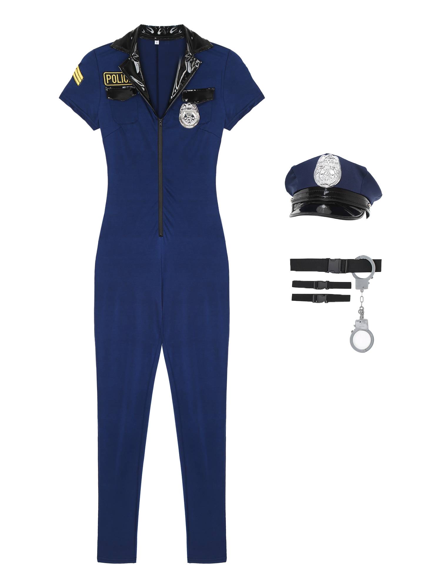 Men Halloween Short Sleeve Zipper Jumpsuit Hat Belt Manacles Police Costume