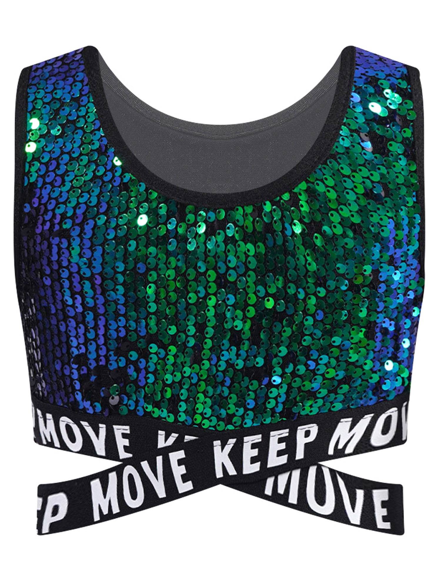 Kids Girls Sequin Sleeveless Criss-cross Waistline Crop Top for Dance