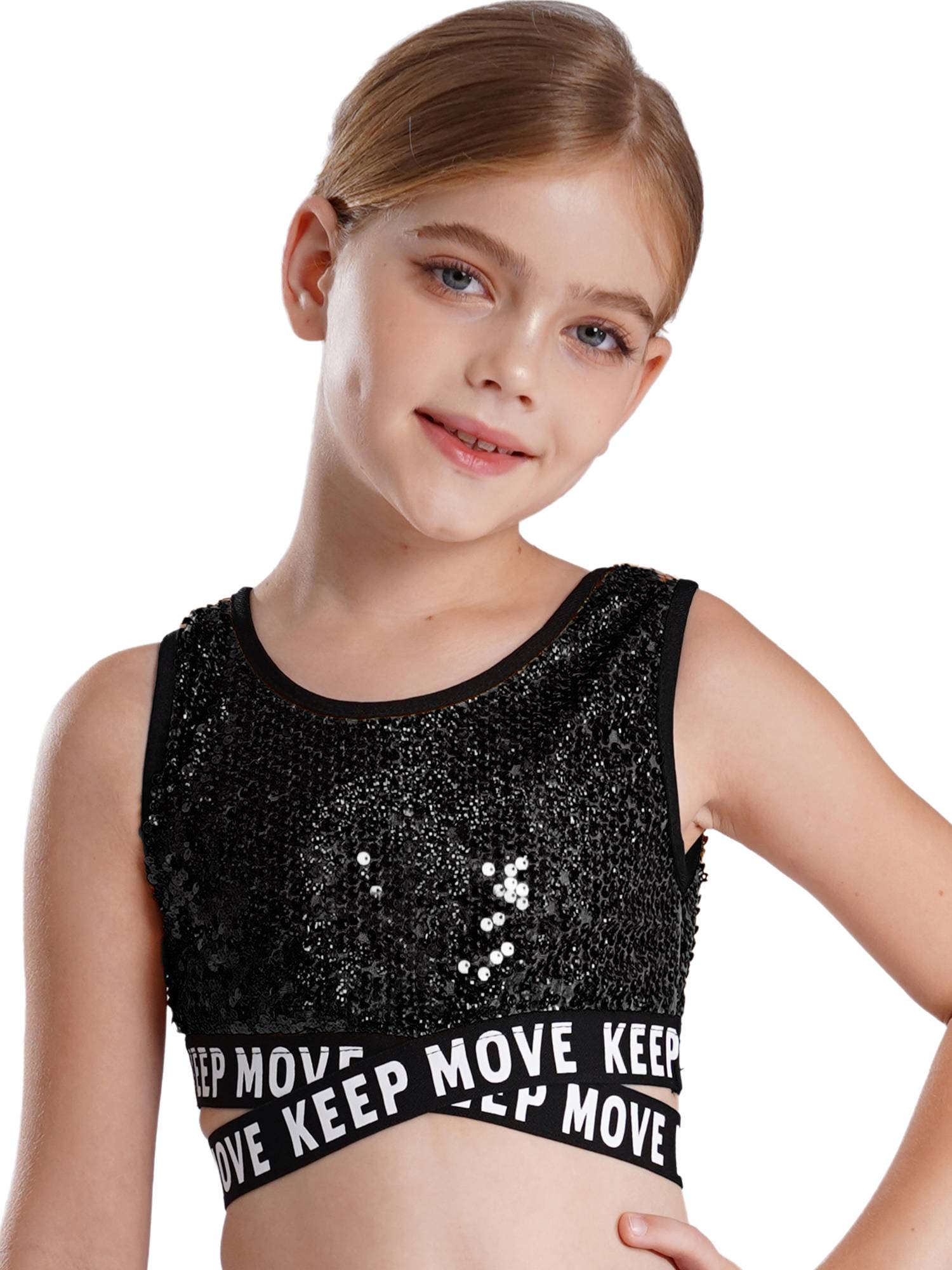 Kids Girls Sequin Sleeveless Criss-cross Waistline Crop Top for Dance