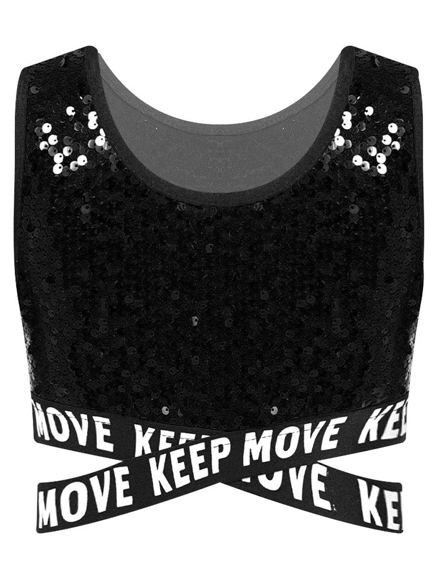 Kids Girls Sequin Sleeveless Criss-cross Waistline Crop Top for Dance