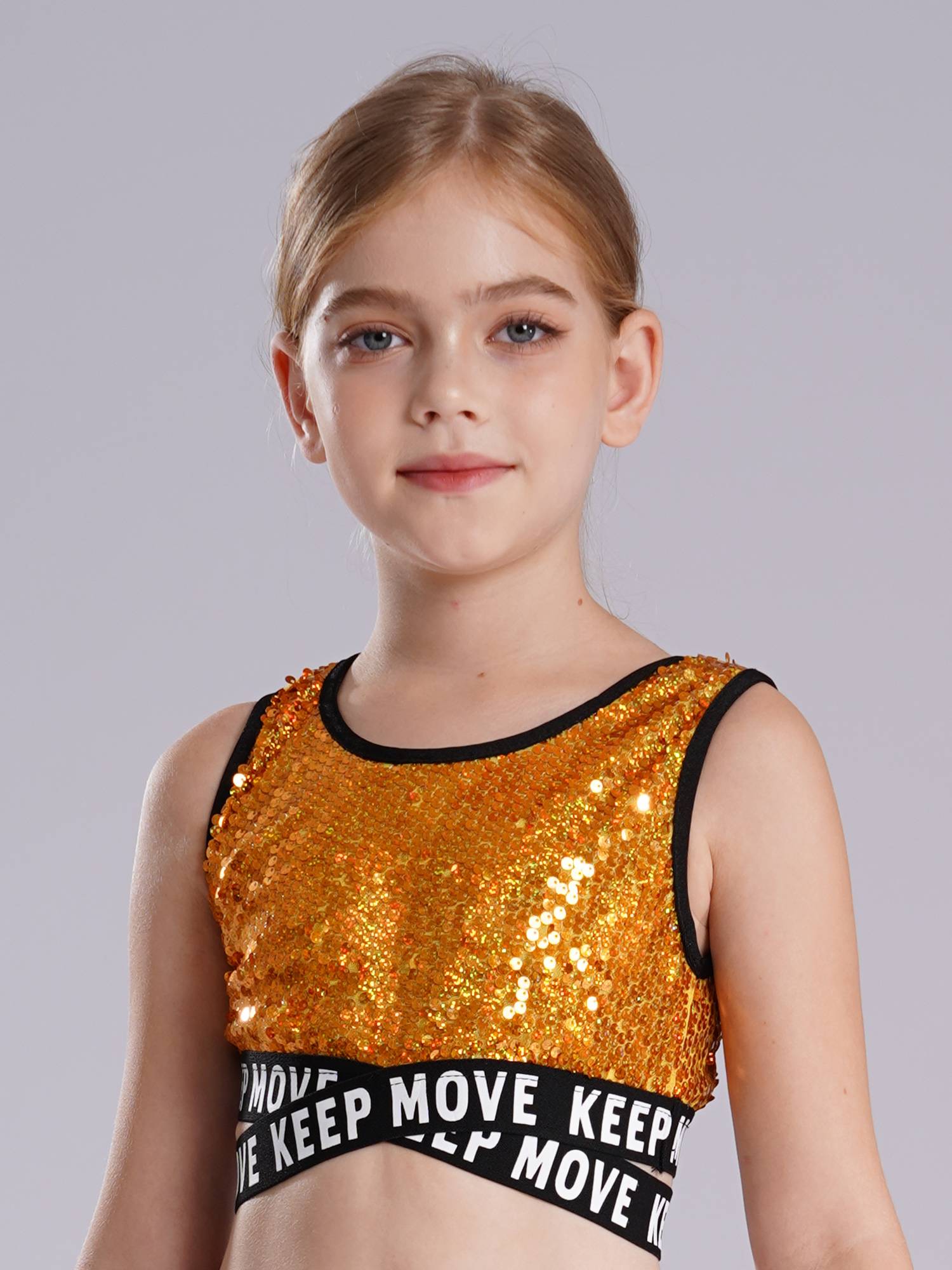 Kids Girls Sequin Sleeveless Criss-cross Waistline Crop Top for Dance