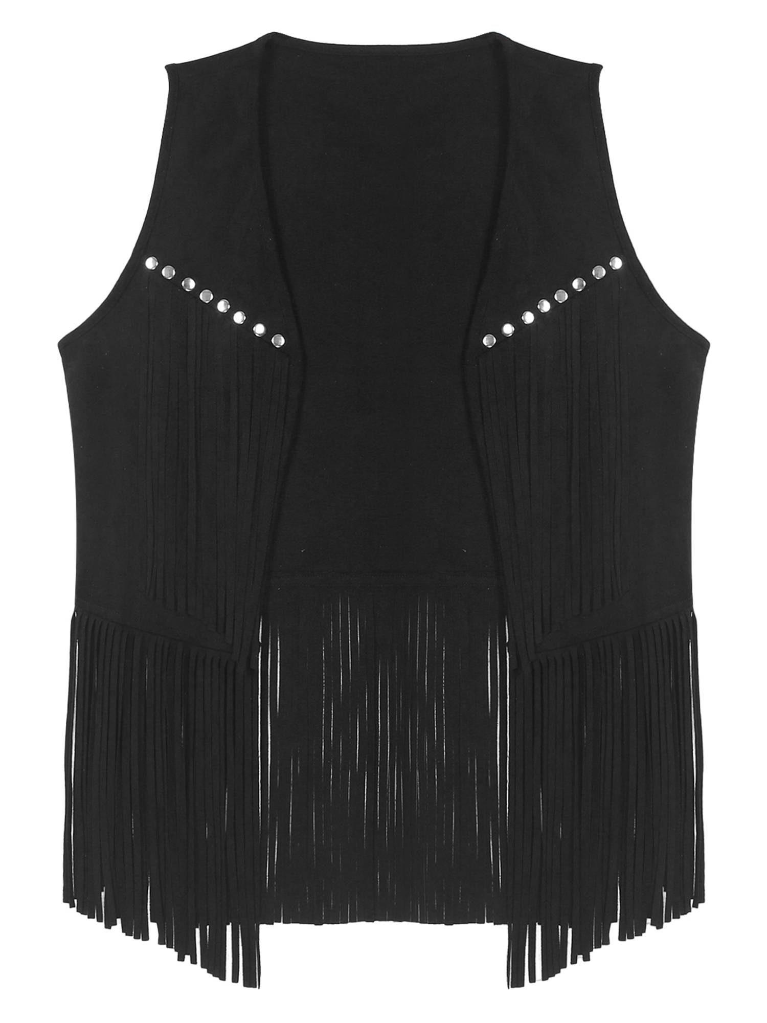 Men Faux Suede Tassel Rivets Fringe Open Front Cowboy Vest