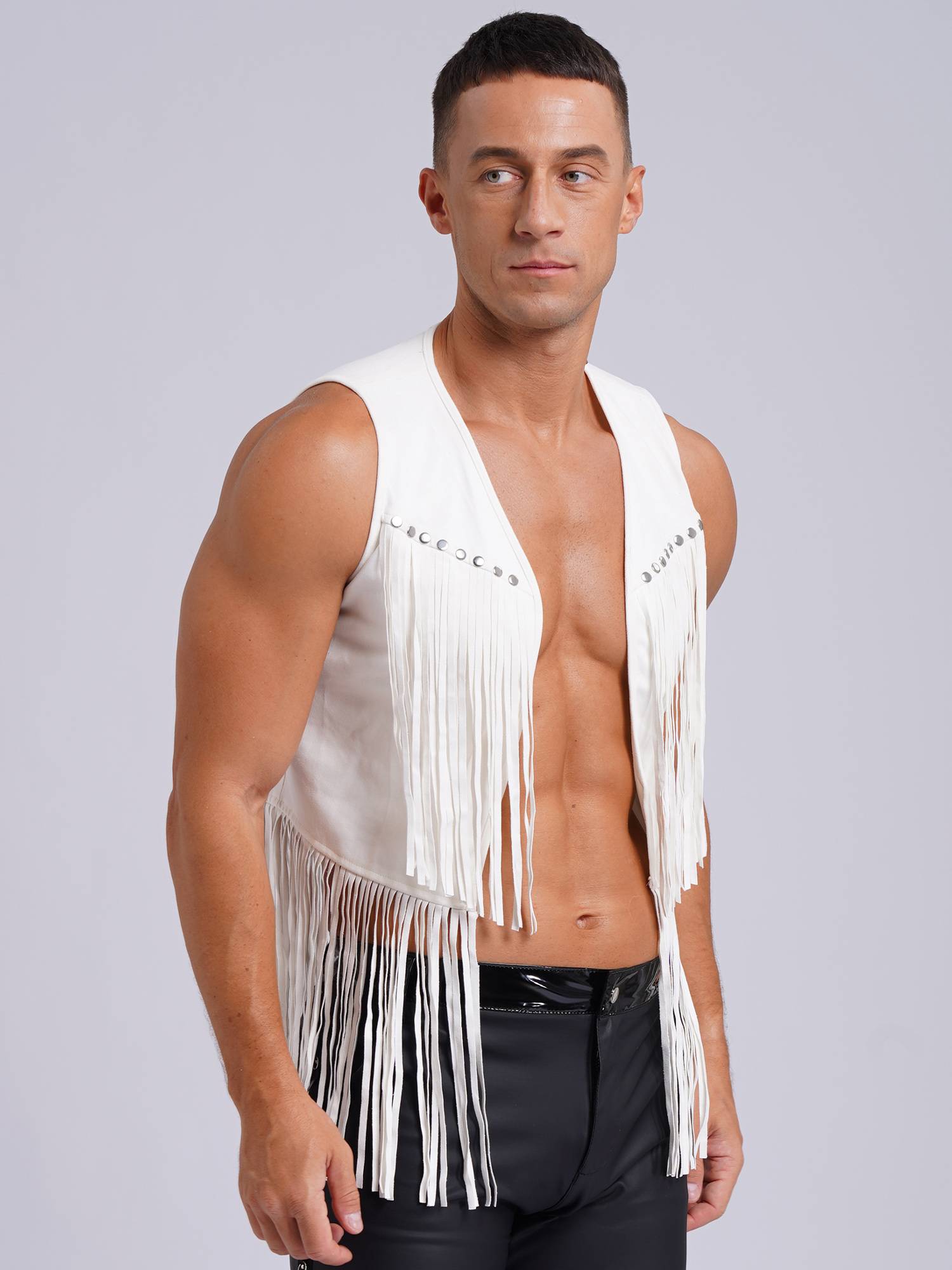 Men Faux Suede Tassel Rivets Fringe Open Front Cowboy Vest