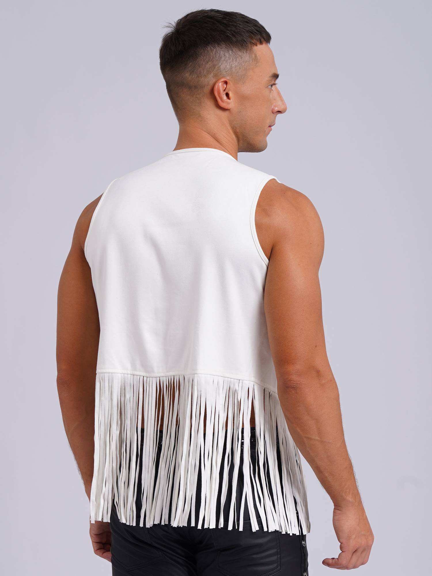Men Faux Suede Tassel Rivets Fringe Open Front Cowboy Vest