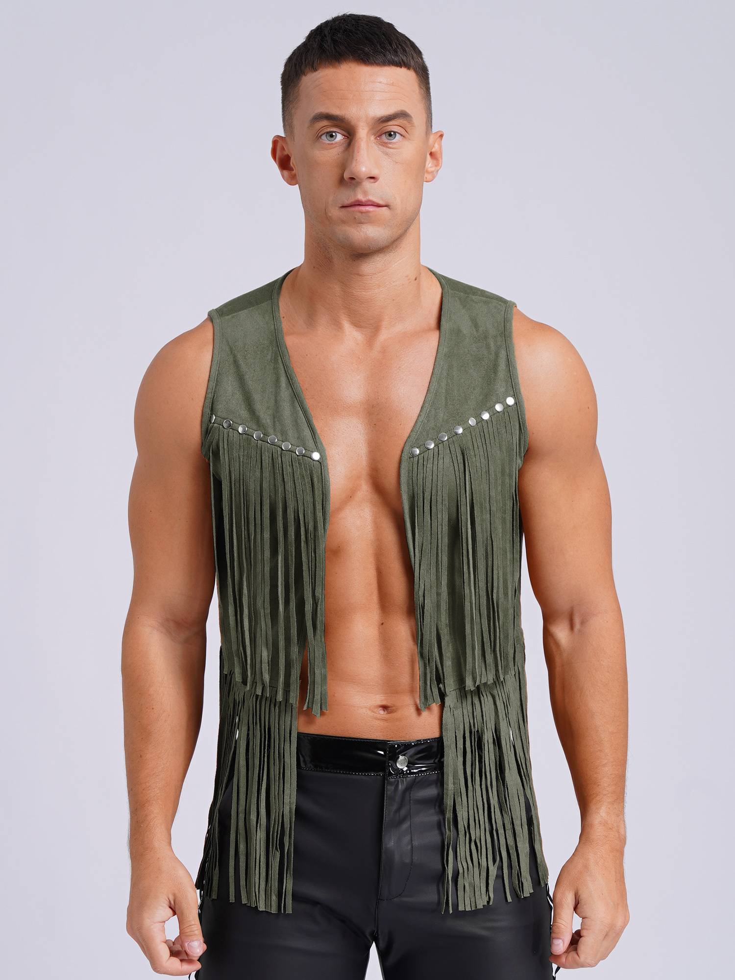 Men Faux Suede Tassel Rivets Fringe Open Front Cowboy Vest