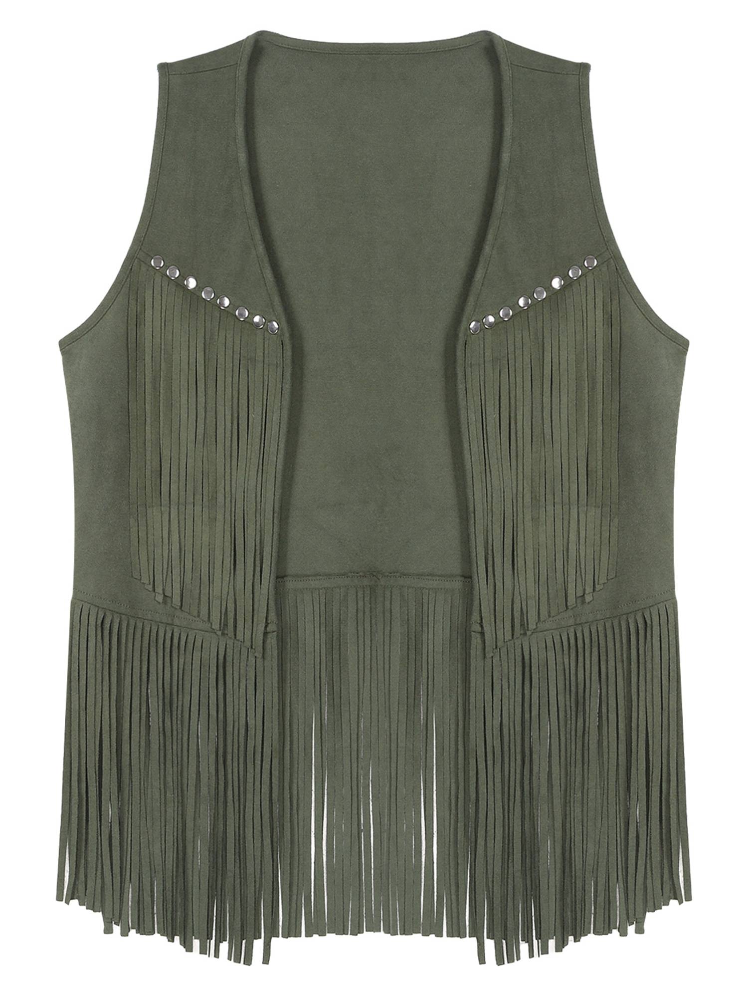 Men Faux Suede Tassel Rivets Fringe Open Front Cowboy Vest