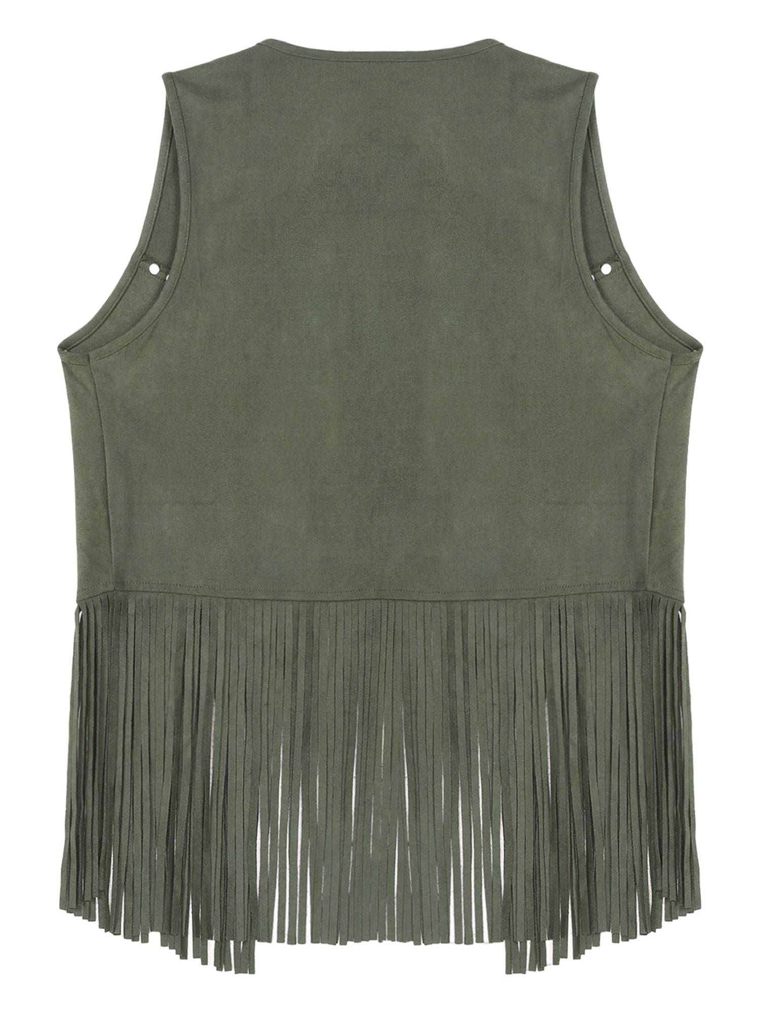 Men Faux Suede Tassel Rivets Fringe Open Front Cowboy Vest
