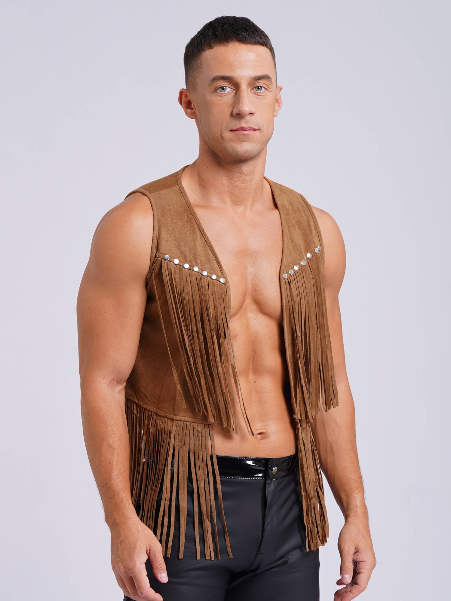 Men Faux Suede Tassel Rivets Fringe Open Front Cowboy Vest