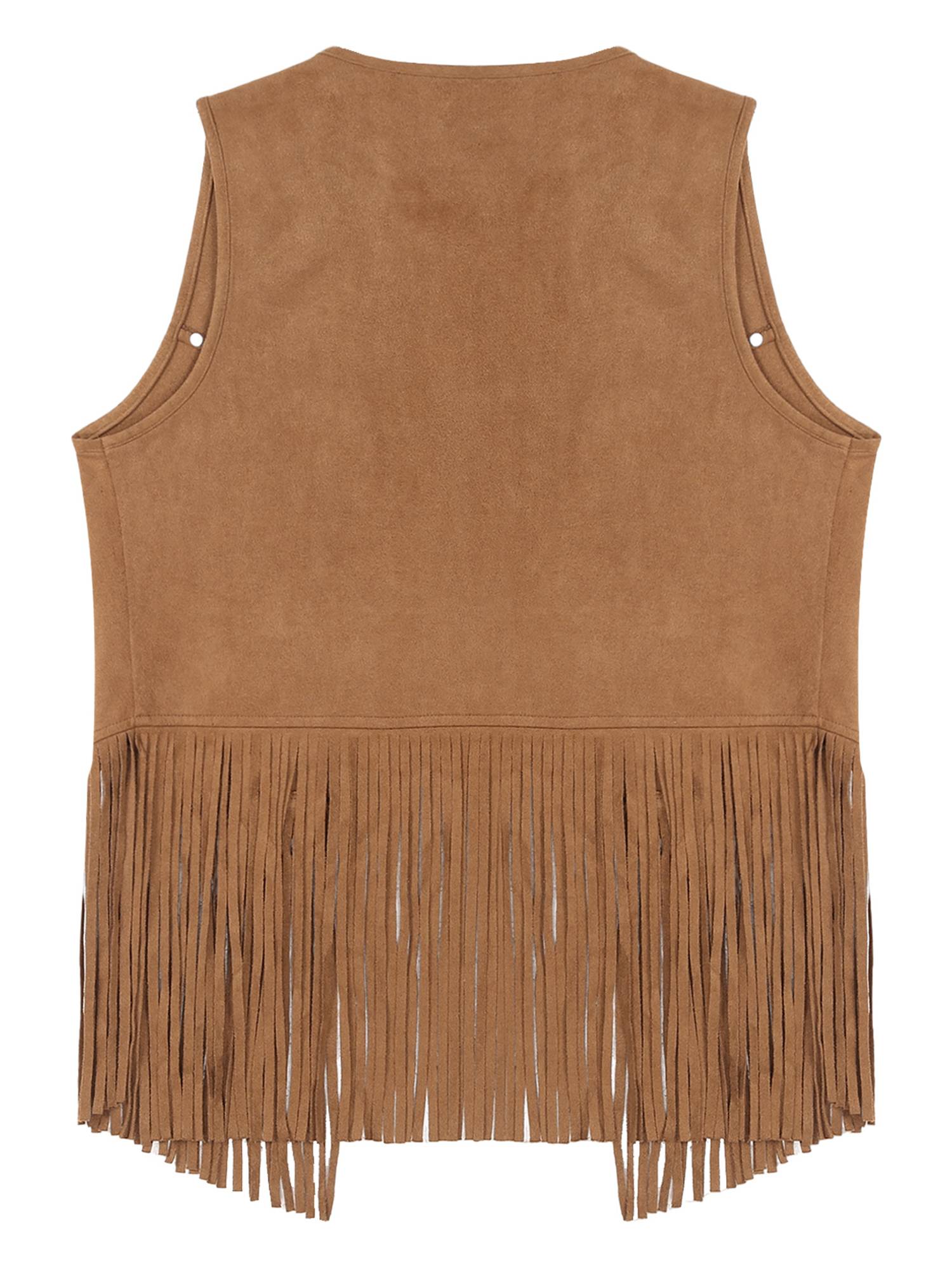 Men Faux Suede Tassel Rivets Fringe Open Front Cowboy Vest