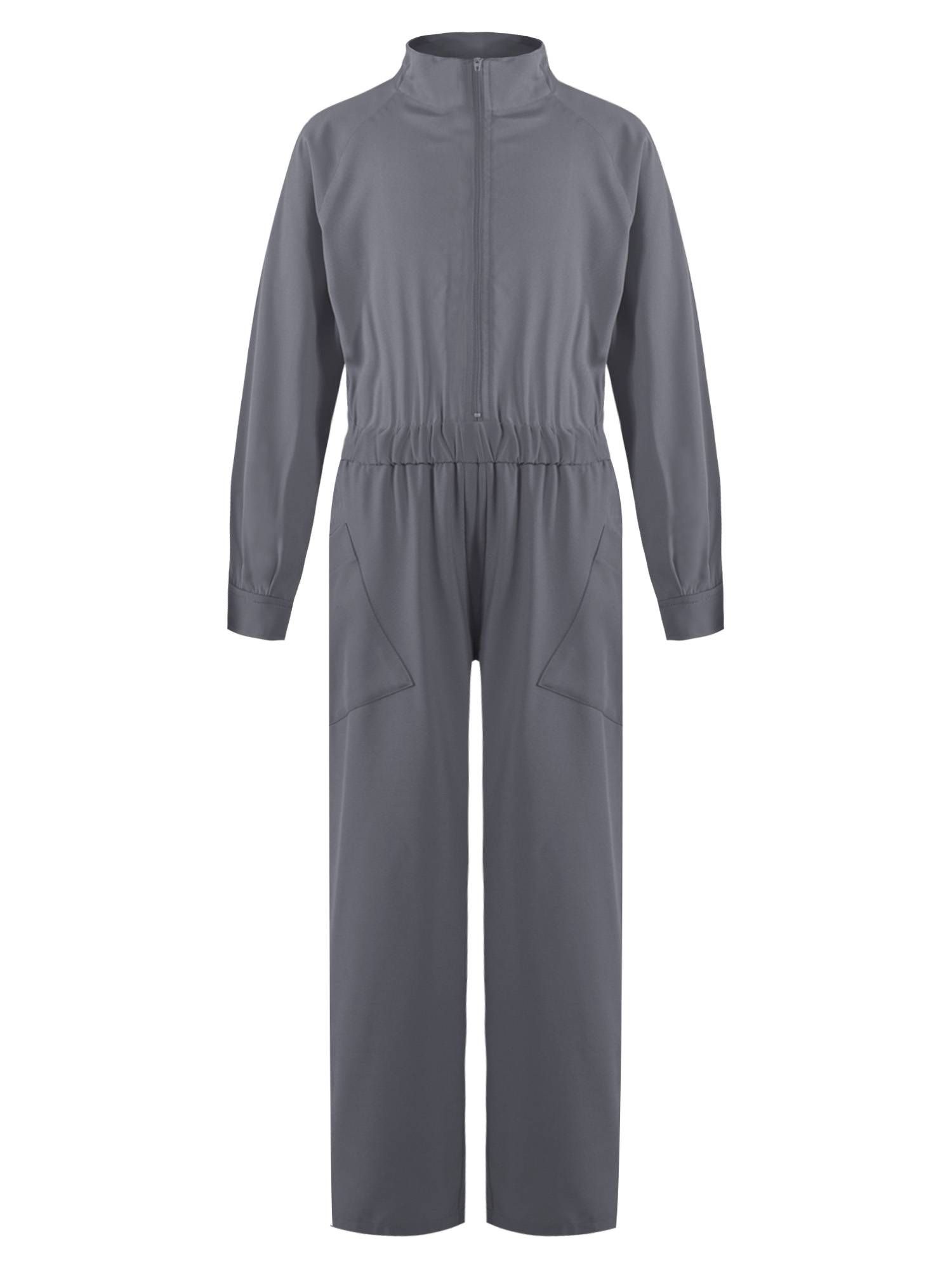 Kids Girls Long Sleeve Zipper Front Solid Color Coverall Jumpsuit