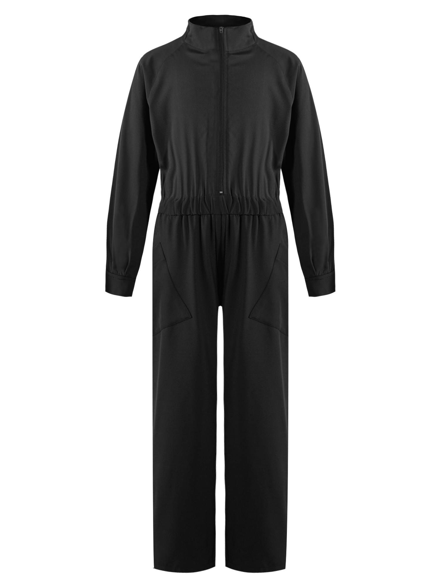 Kids Girls Long Sleeve Zipper Front Solid Color Coverall Jumpsuit