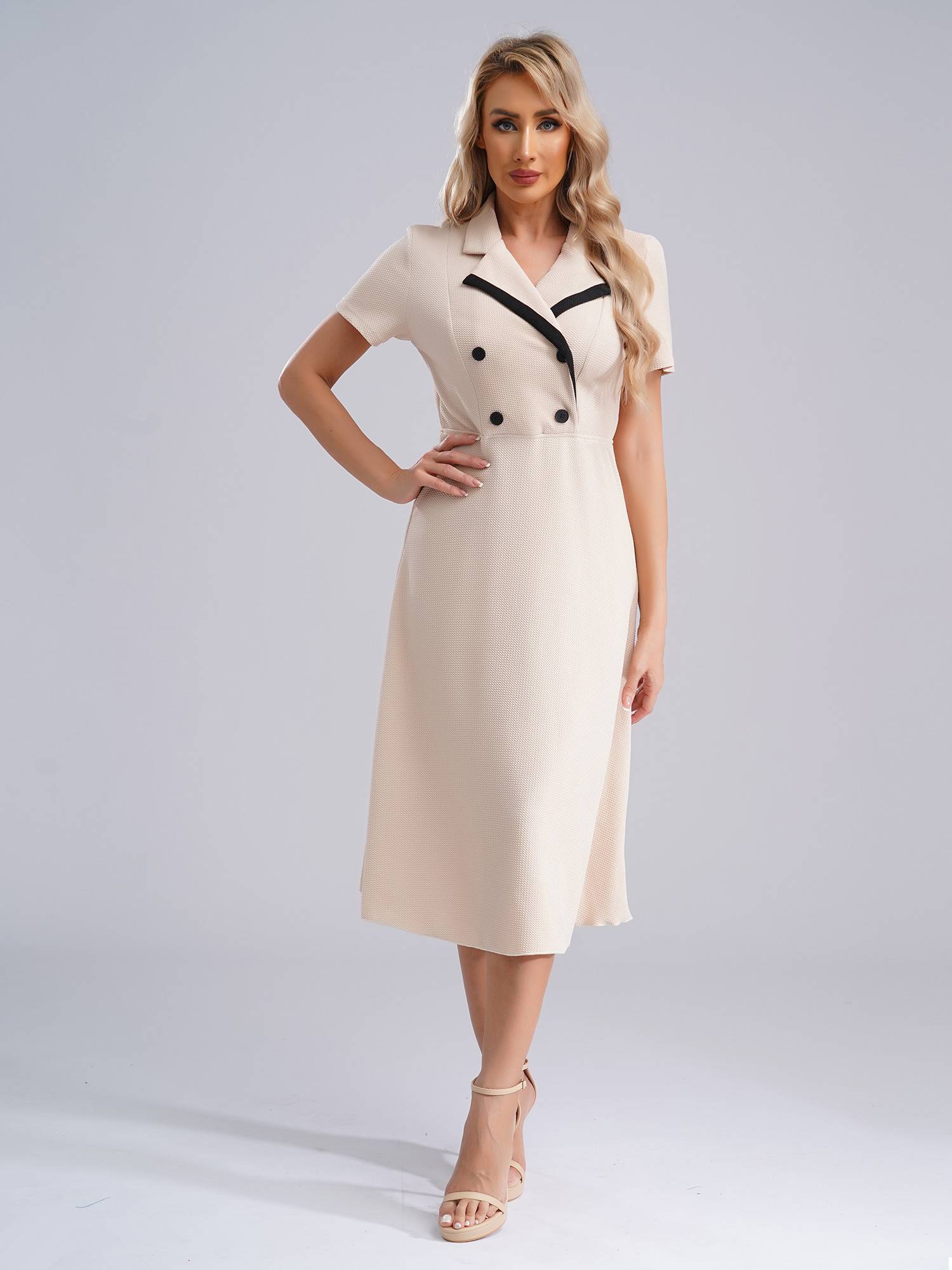 Women A-line Notch Lapel Short Sleeve Midi Dress for Work Evening