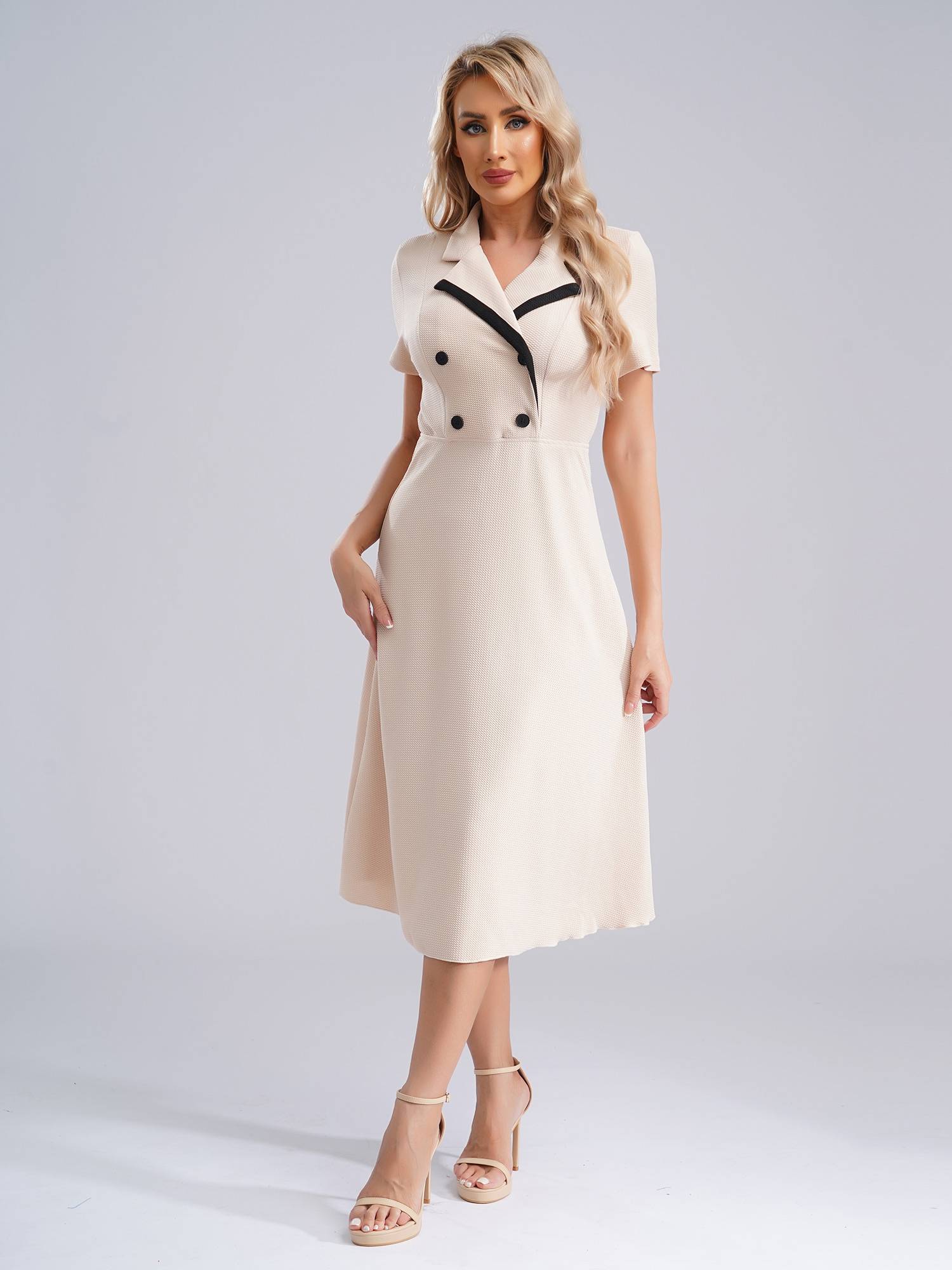 Women A-line Notch Lapel Short Sleeve Midi Dress for Work Evening