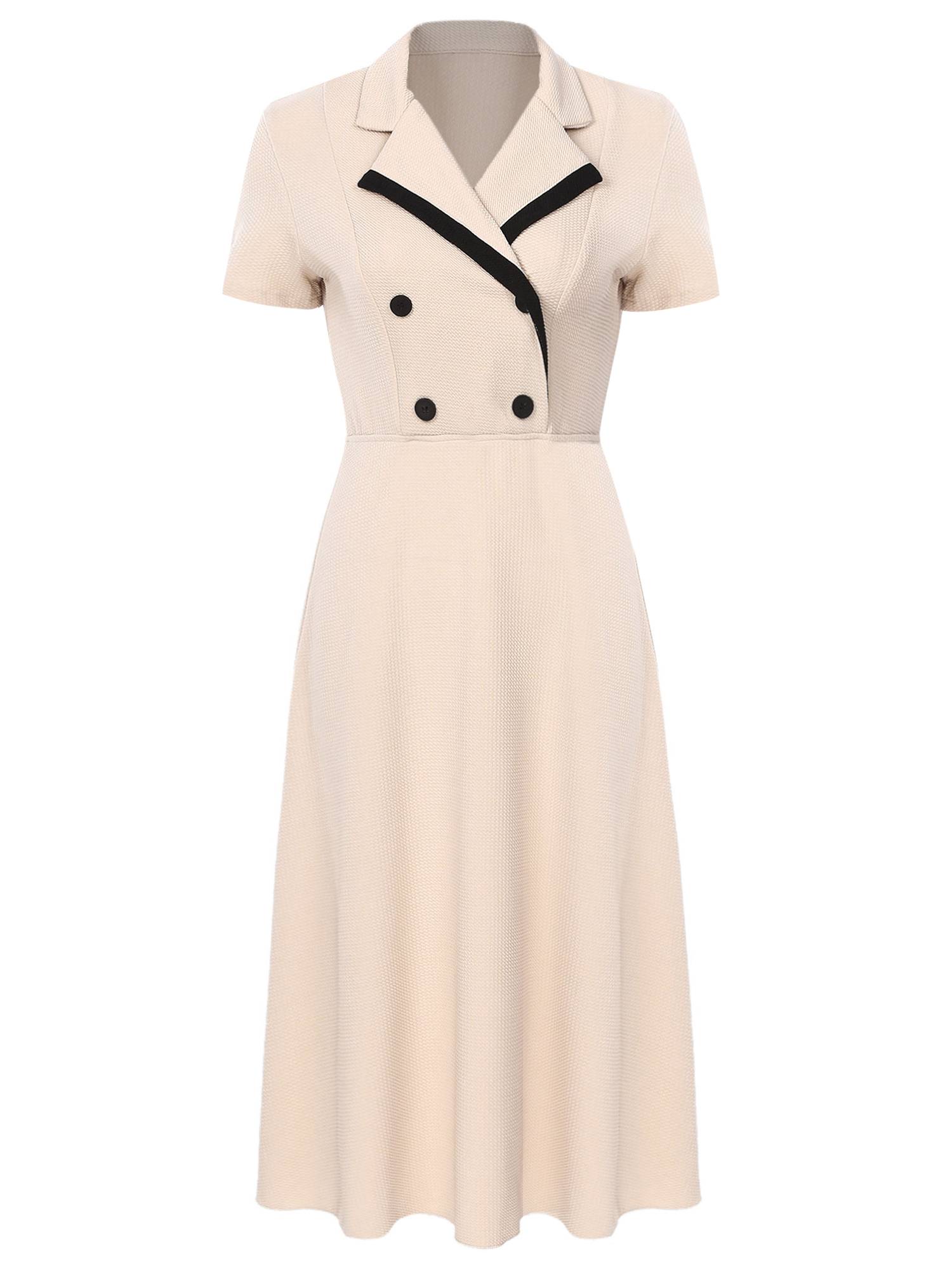 Women A-line Notch Lapel Short Sleeve Midi Dress for Work Evening