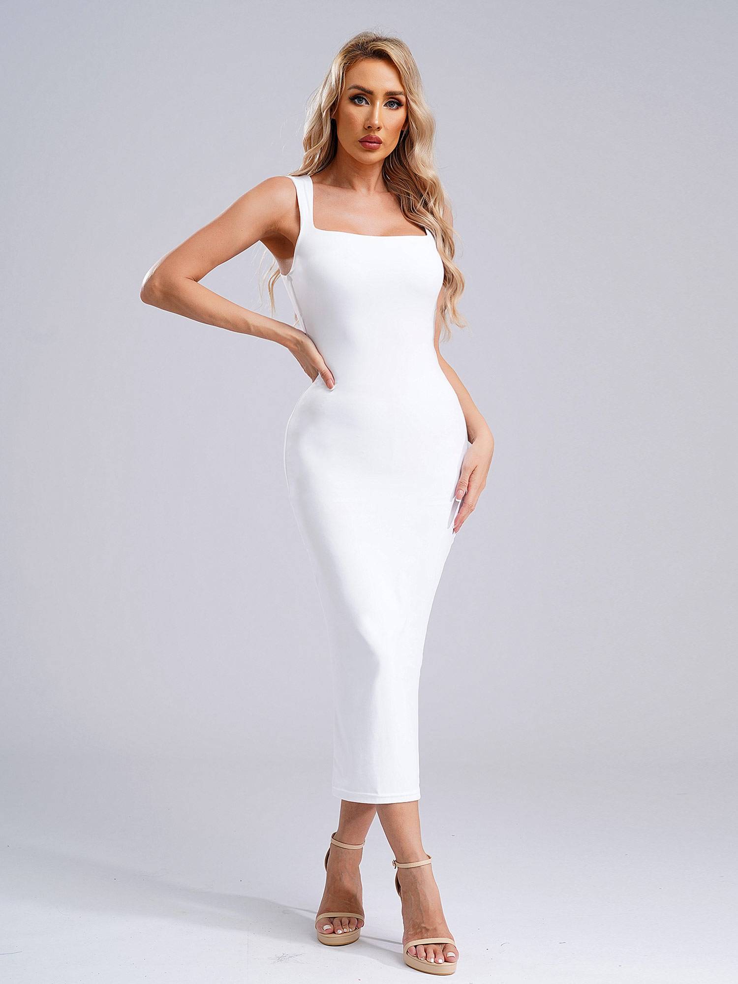 Women Square Neck Sleeveless Empire Waist Bodycon Maxi Party Dress