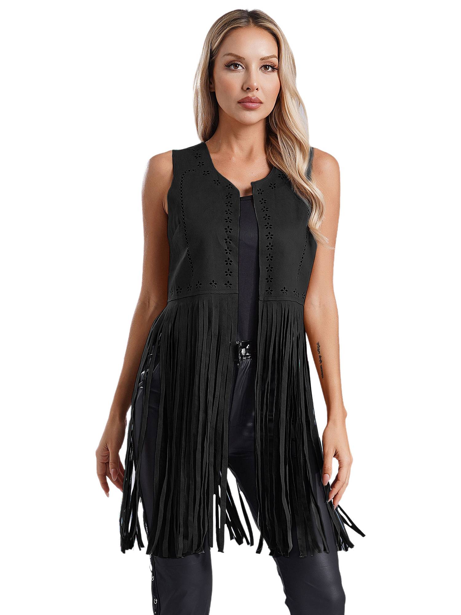Women 70s Disco Tassel Vest Open Front Sleeveless Faux Suede Jacket