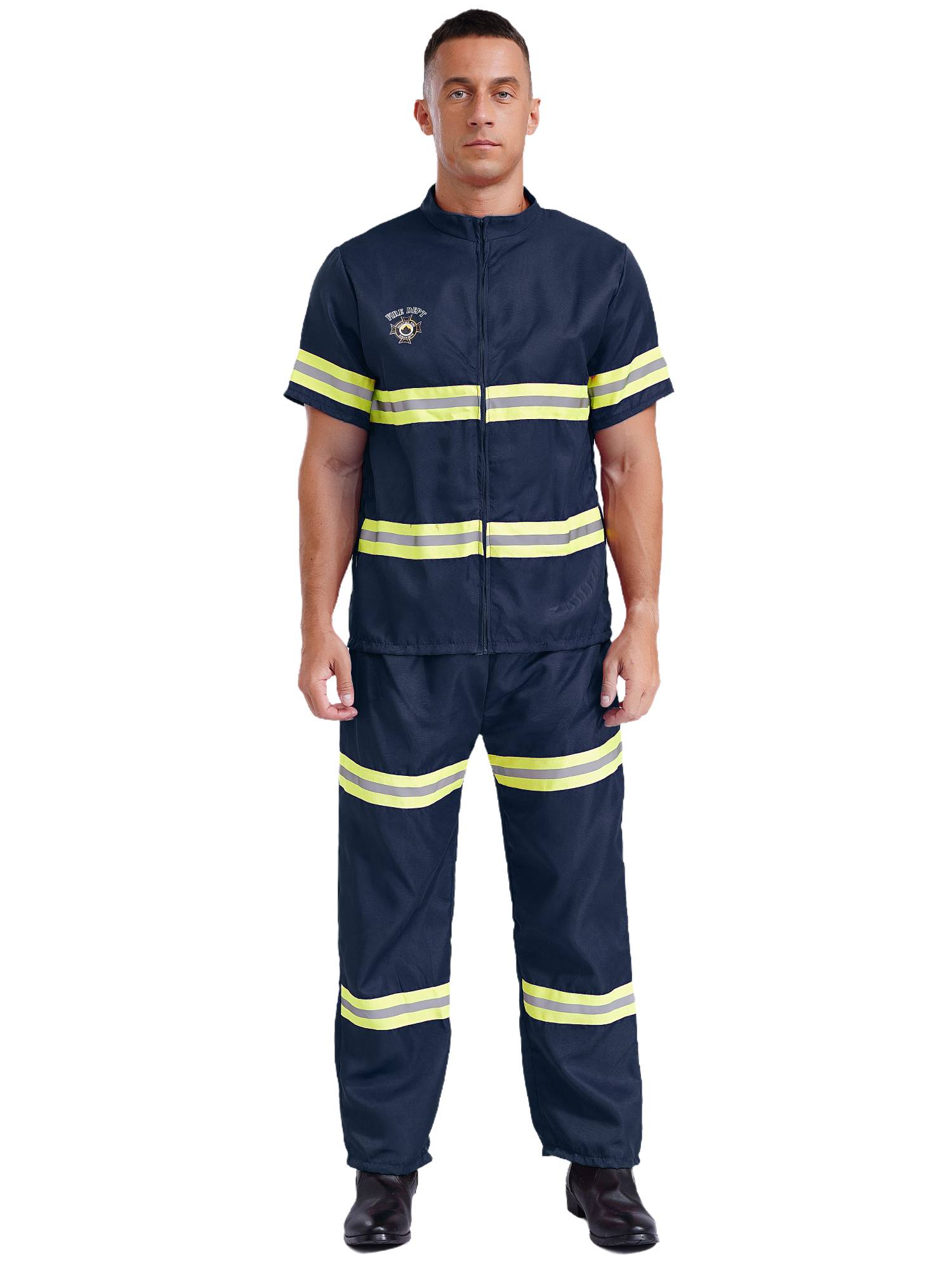 Men 4pcs Short Sleeve Jacket and Pants with Helmet Belt Firefighter Costume Set