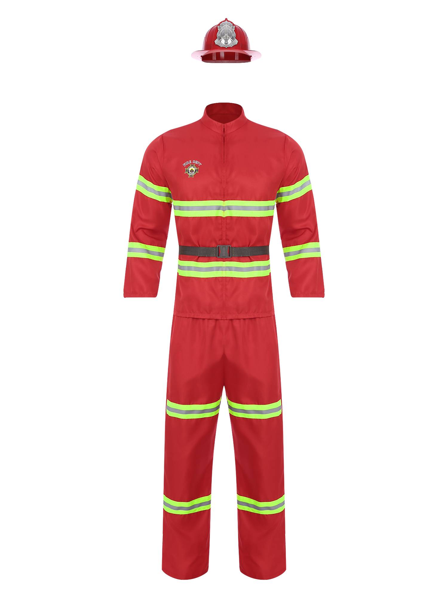 Men 4pcs Long Sleeve Jacket and Pants with Helmet Belt Firefighter Costume Set