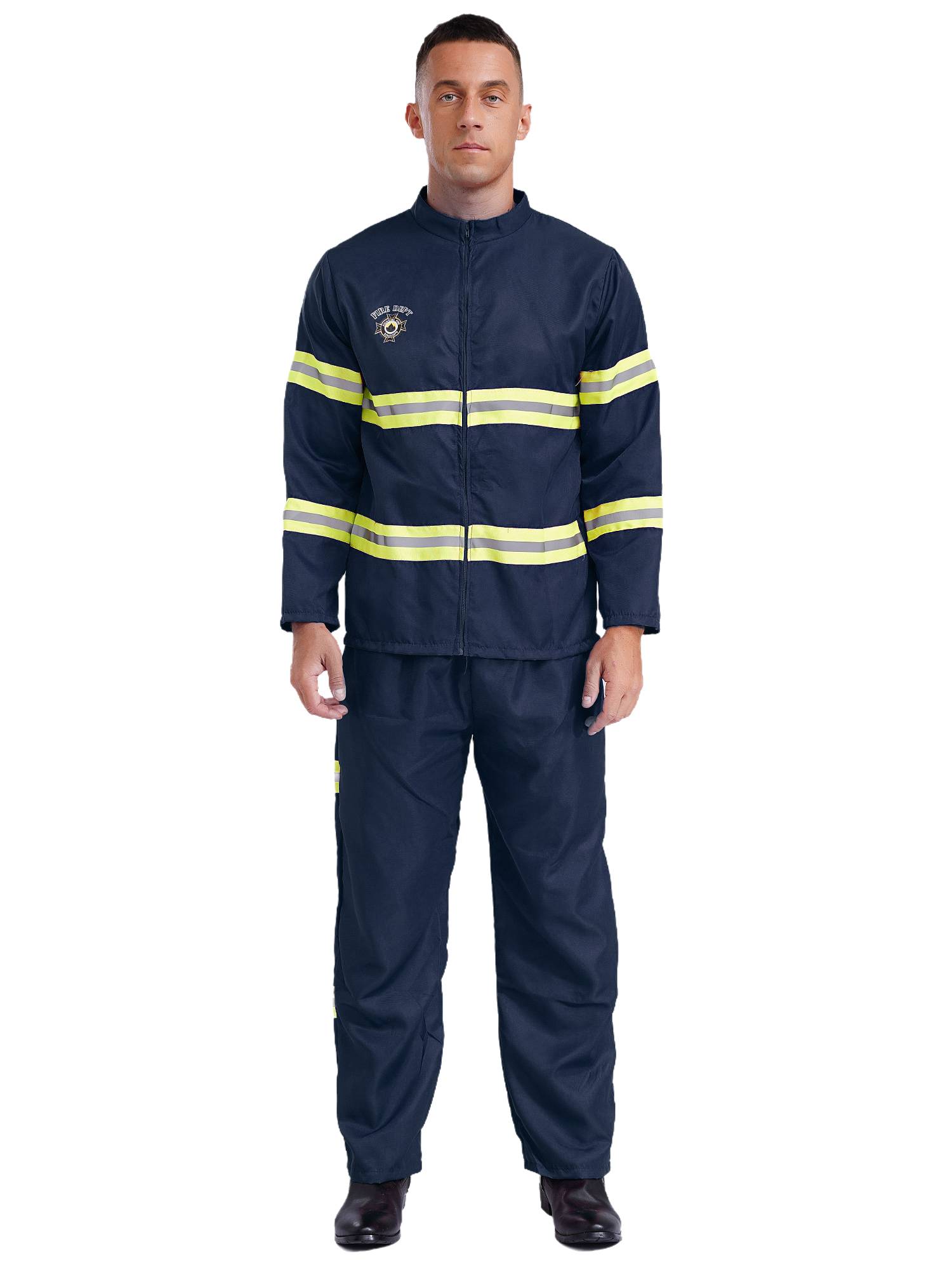Men 4pcs Long Sleeve Jacket and Pants with Helmet Belt Firefighter Costume Set
