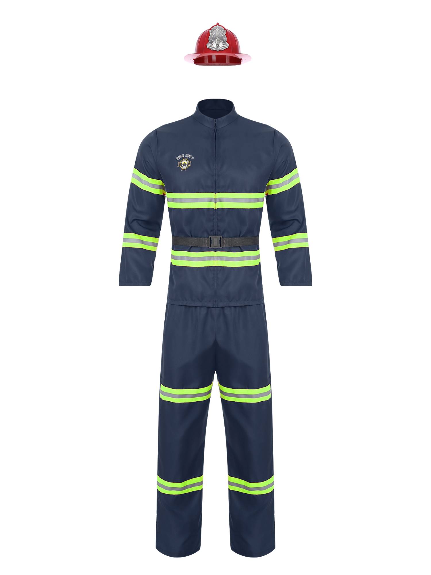 Men 4pcs Long Sleeve Jacket and Pants with Helmet Belt Firefighter Costume Set