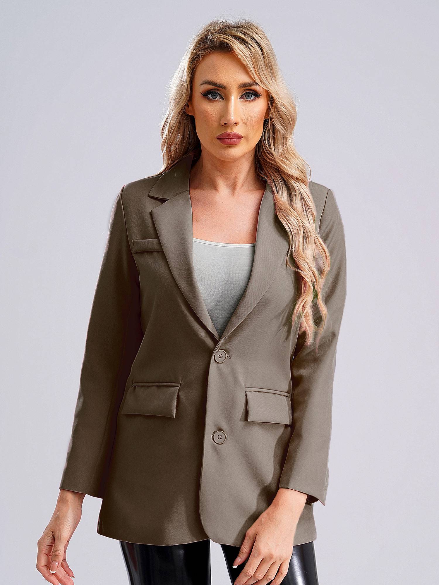 Women Solid Color Long Sleeve Notch Lapel Blazer